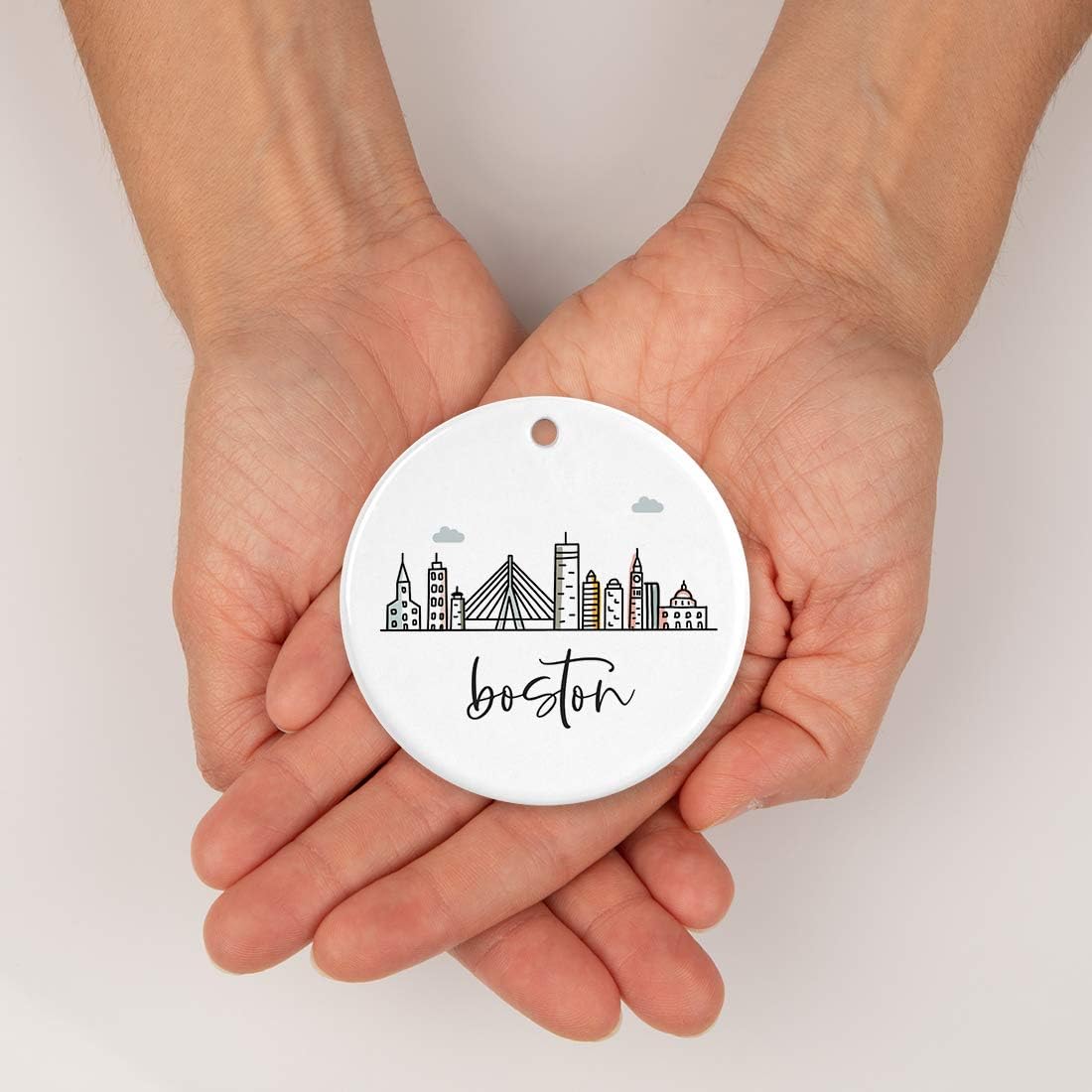 Andaz Round Ceramic Porcelain Christmas Tree Ornament Keepsake Gift, Colorful Boston City Skyline, 1-Pack, Birthday & Ideas for Family & Coworkers, Includes Box
