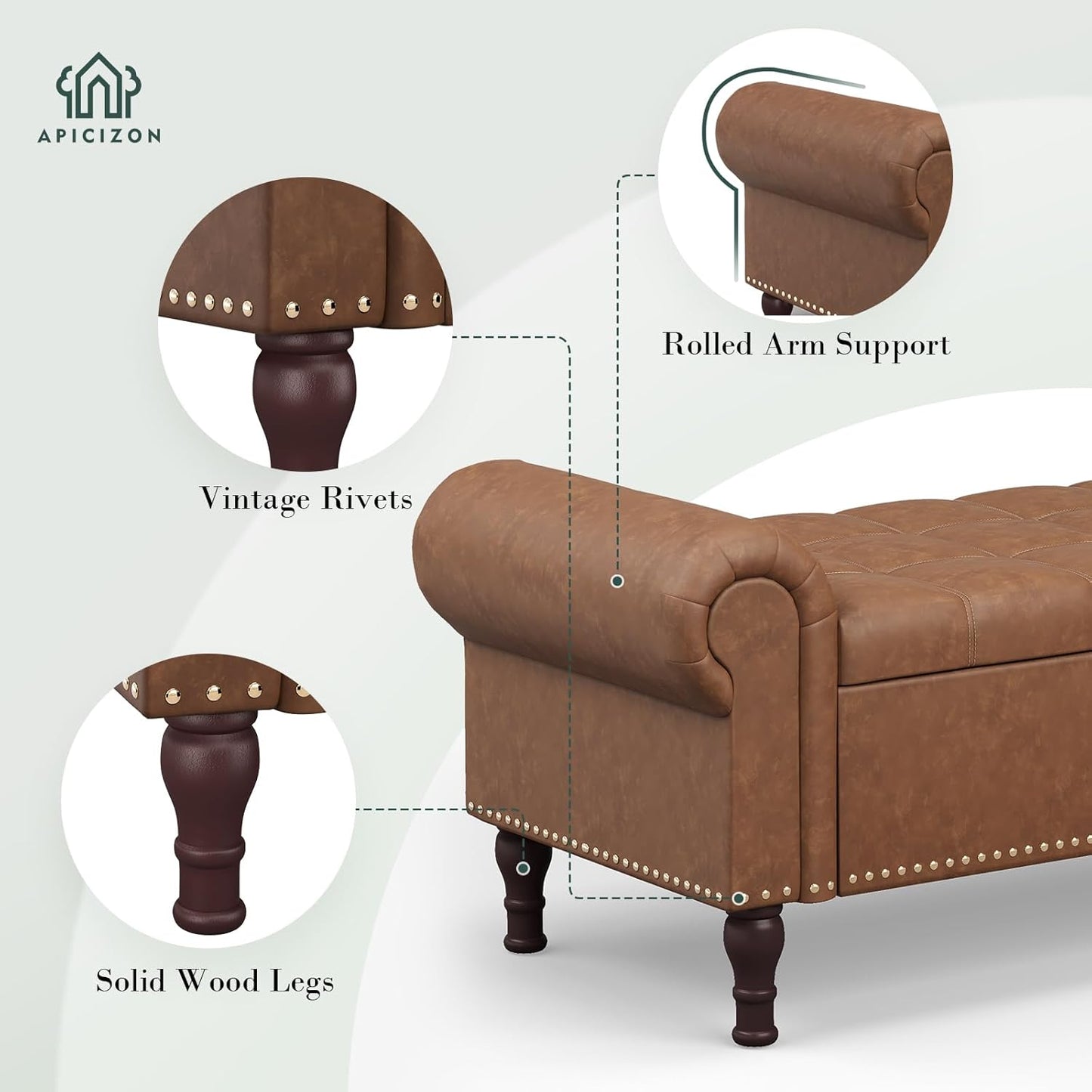 Apicizon 51”Ottoman with Storage, Queen Size End of Bed Storage Bench with Tufted Button, Upholstered Sitting Bench for Front Door Entrance,Bedroom,Dining Room, Entryway，Vintage Brown