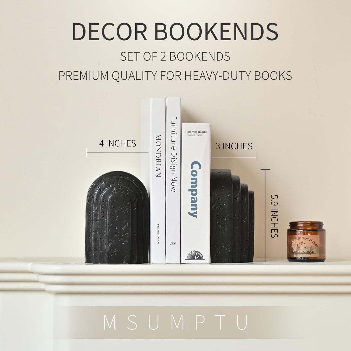 Decorative Bookends for Shelves, Set of 2 Book Ends for Heavy Books, Layered Arch Design Black Bookend