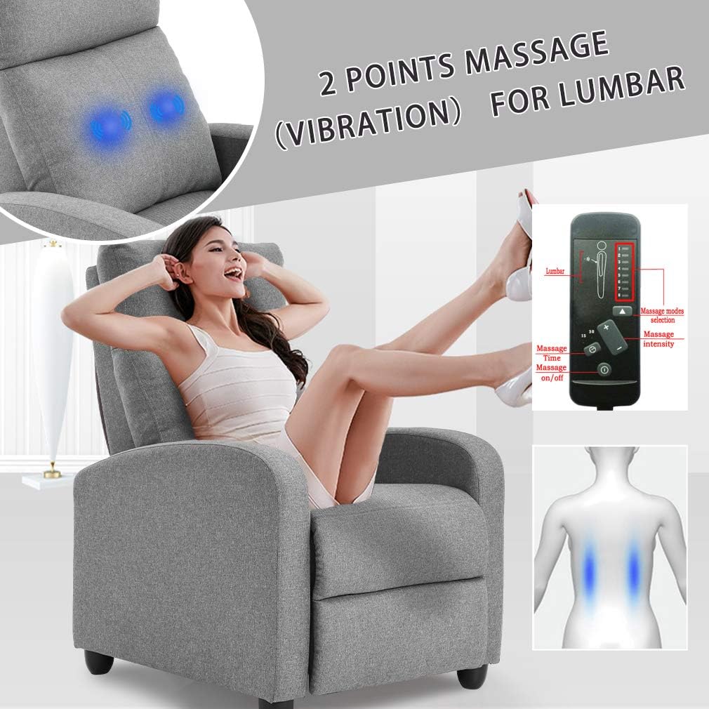 BestMassage | Recliner Chair | with 2 Point Massage Function | Textile Grey | with Lumbar Support, Adjustable Push Back, Footrest & Padded Seat | Easy Assembly | for Living Room, Home Theatre