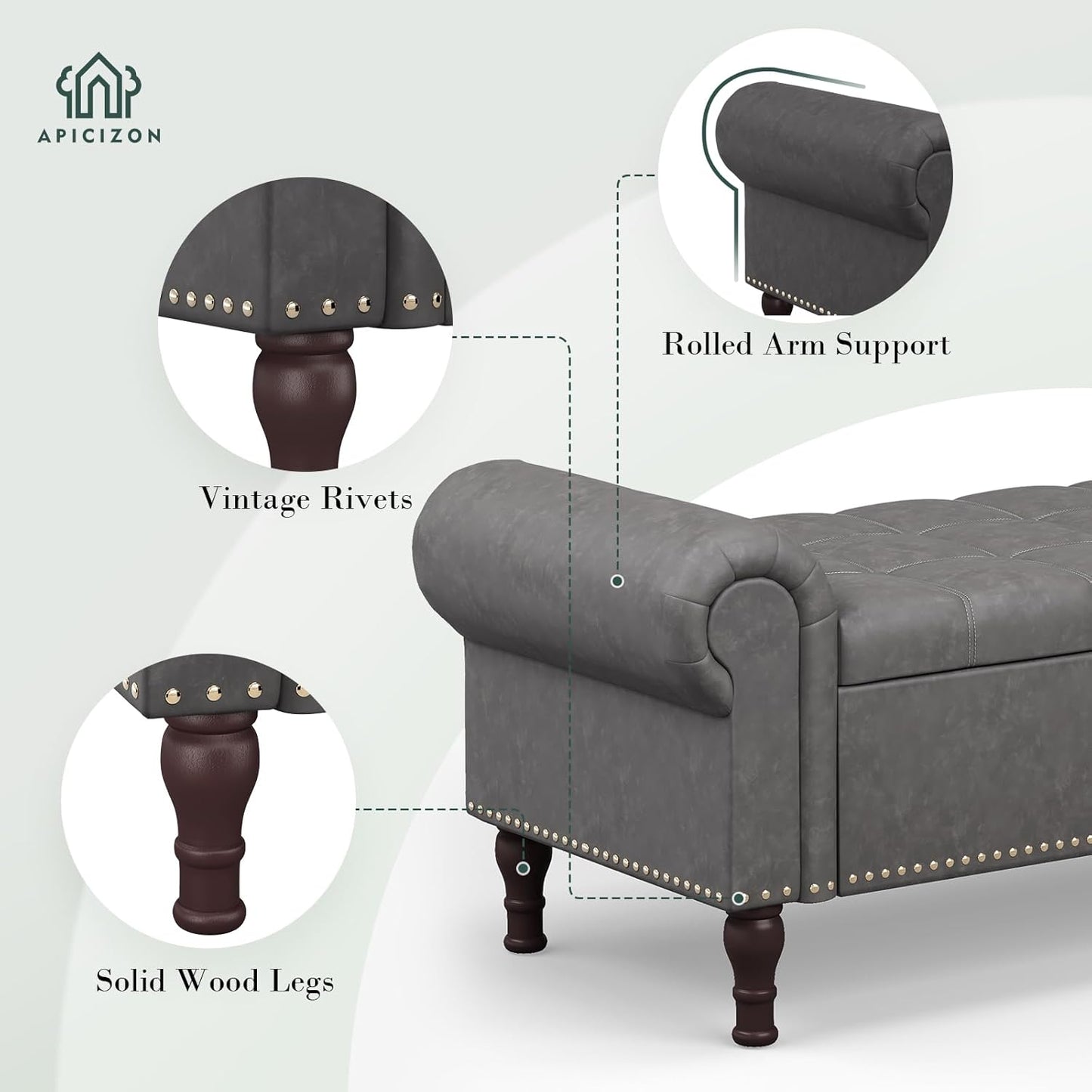 Apicizon 60”Bench with Storage, Upholstered Tufted Button Window Bench with Plenty Hidden Storage Space,Faux Leather Ottoman Bench for Bedroom, Living Room, Entryway，Gray