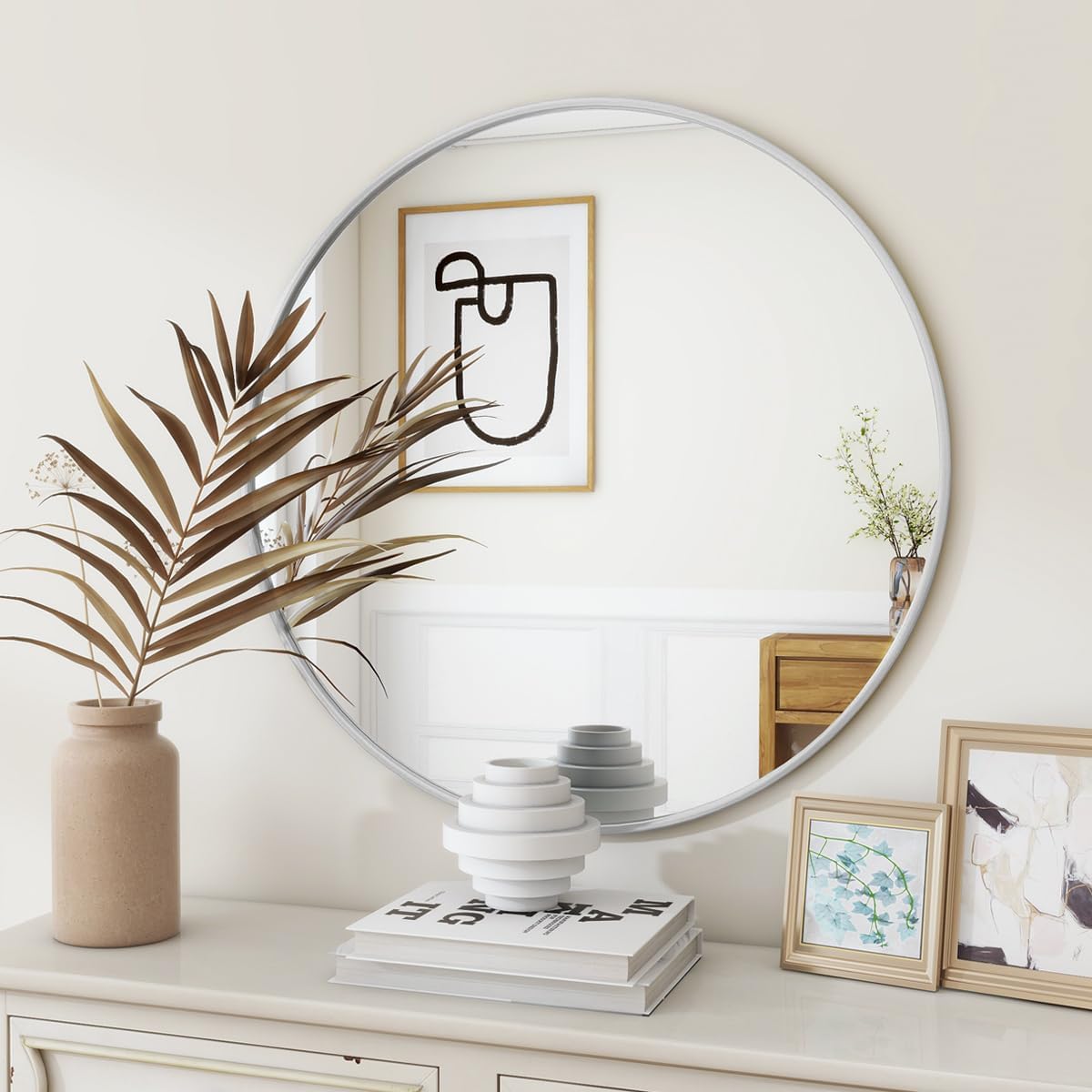 BEAUTYPEAK 24 Inch Round Mirror, Metal Frame Circle Mirror, Wall Mounted for Entryway, Bathroom, Vanity, Living Room, White