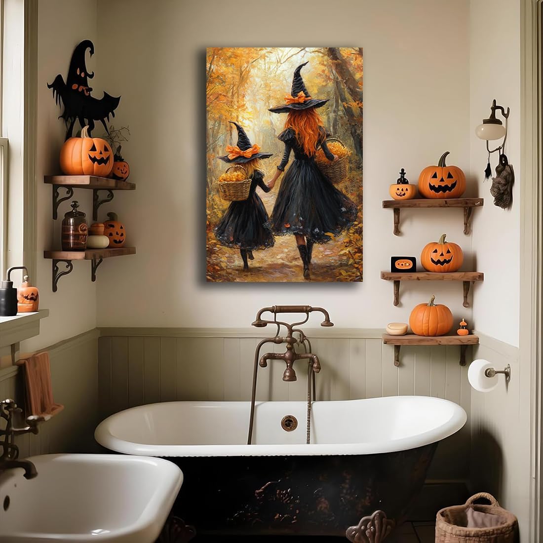 Mother Witch And Child Daughter Witch Wall Art,Halloween Autumn Woodland Forest Path Picture,Family Room Nursery Playroom Kids Room Decor,24"x36" Framed