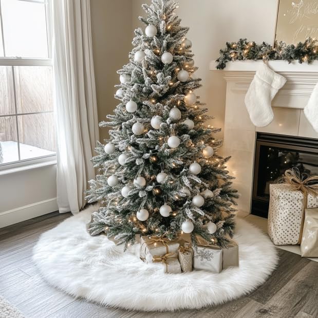 AISENO 48 Inch Christmas Tree Plush Skirt Decoration for Merry Christmas Party Faux Fur Christmas Tree Skirt Decorations