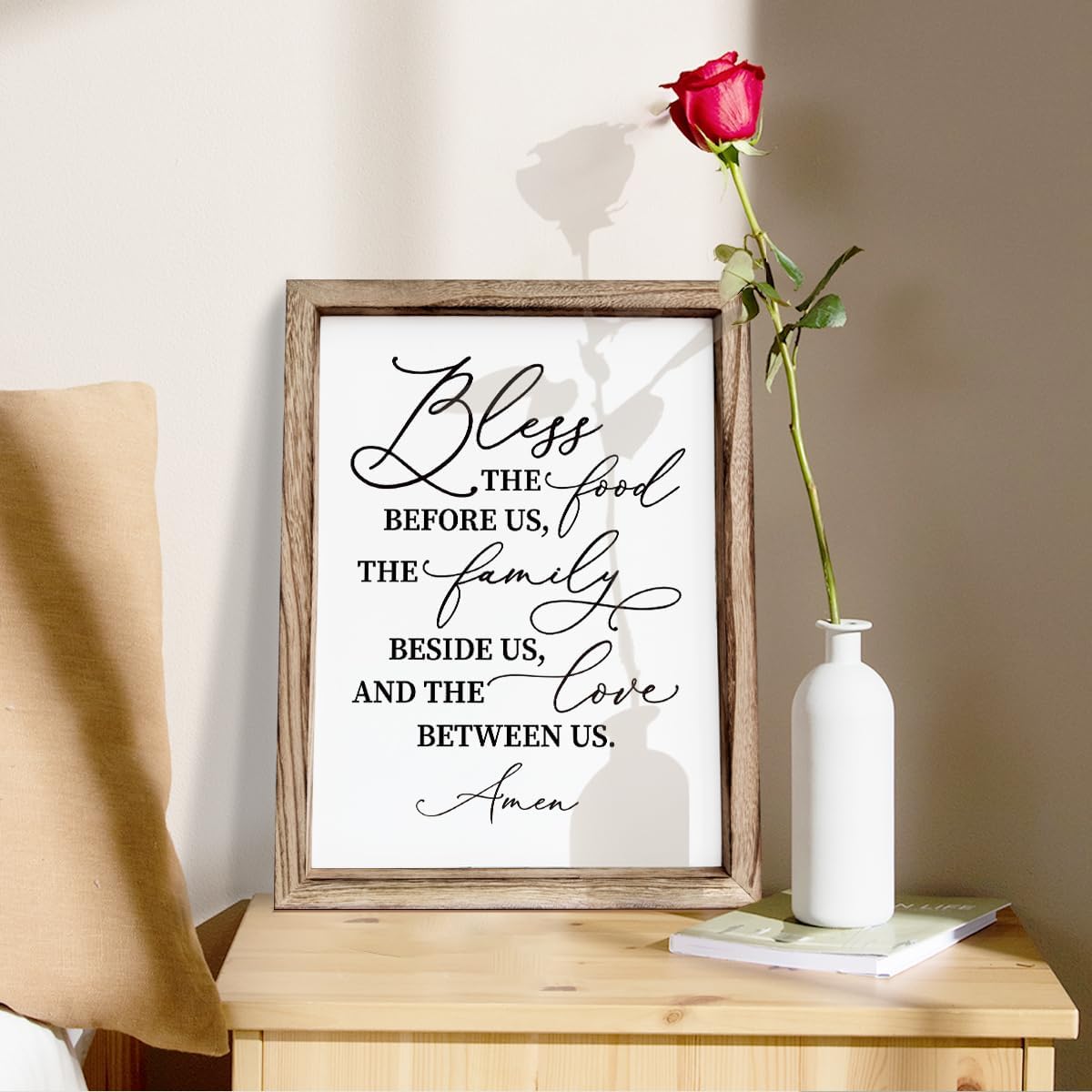 Christian Wooden Wall Sign, Dining Room Decors, Farmhouse Decor for Kitchen, Rustic Home Decor, Framed Wall Plaque Sign 15 * 11.5 inches, Bless the Food Before Us