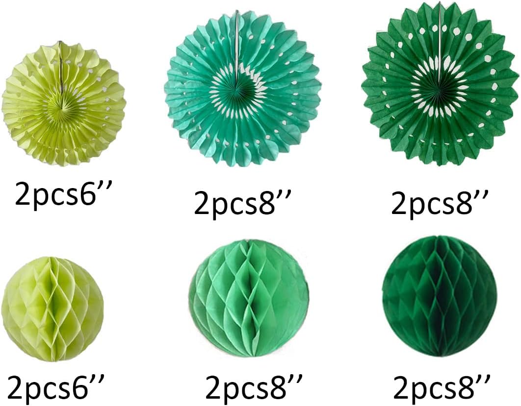 12pcs 6’’ 8’’ Honeycomb Balls Tissue Paper Fans Party Honeycomb Ball Fans Wall Decorations Tissue Pom Poms Flower Balls Hanging Paper Fans for Party Baby Shower Birthday Wedding Nursery(Green kit)