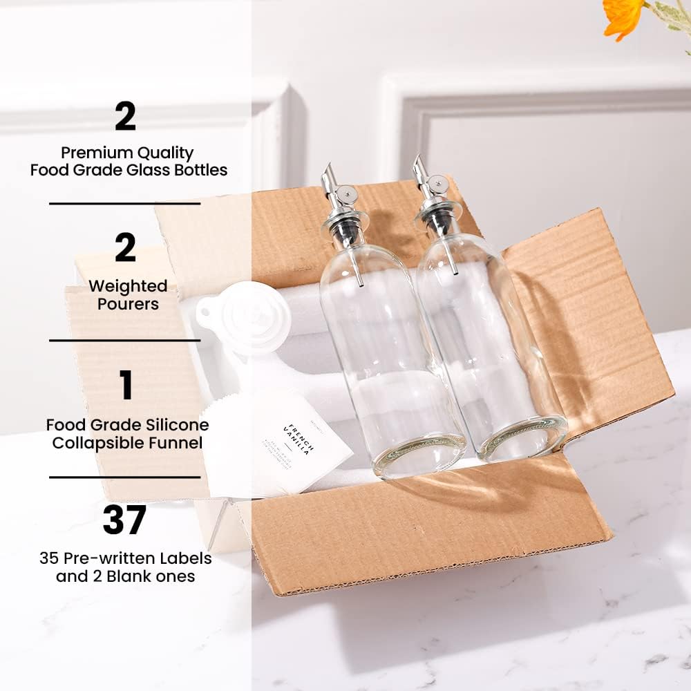 Molimoli Oil and Vinegar Dispenser with Metal Pour Spout, Weighted Pourer, Glass Bottle Dispenser for Kitchen, Olive Oil Cruet, Glass Olive Oil Bottle | 500ml, Set of 2