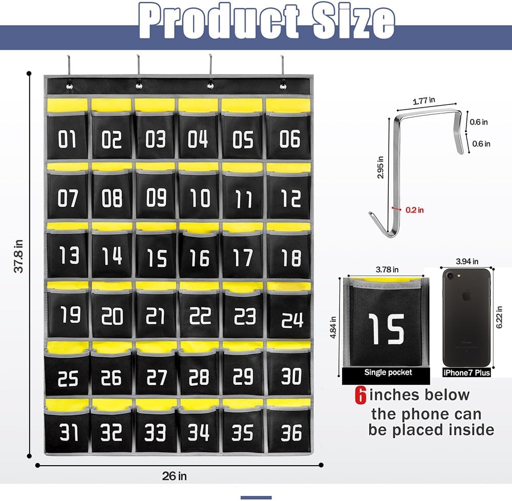 Loghot Classroom Accessories Closet Pocket Chart for Cell Phones Holder Wall Door Hanging Organizer (36 Pockets Black)