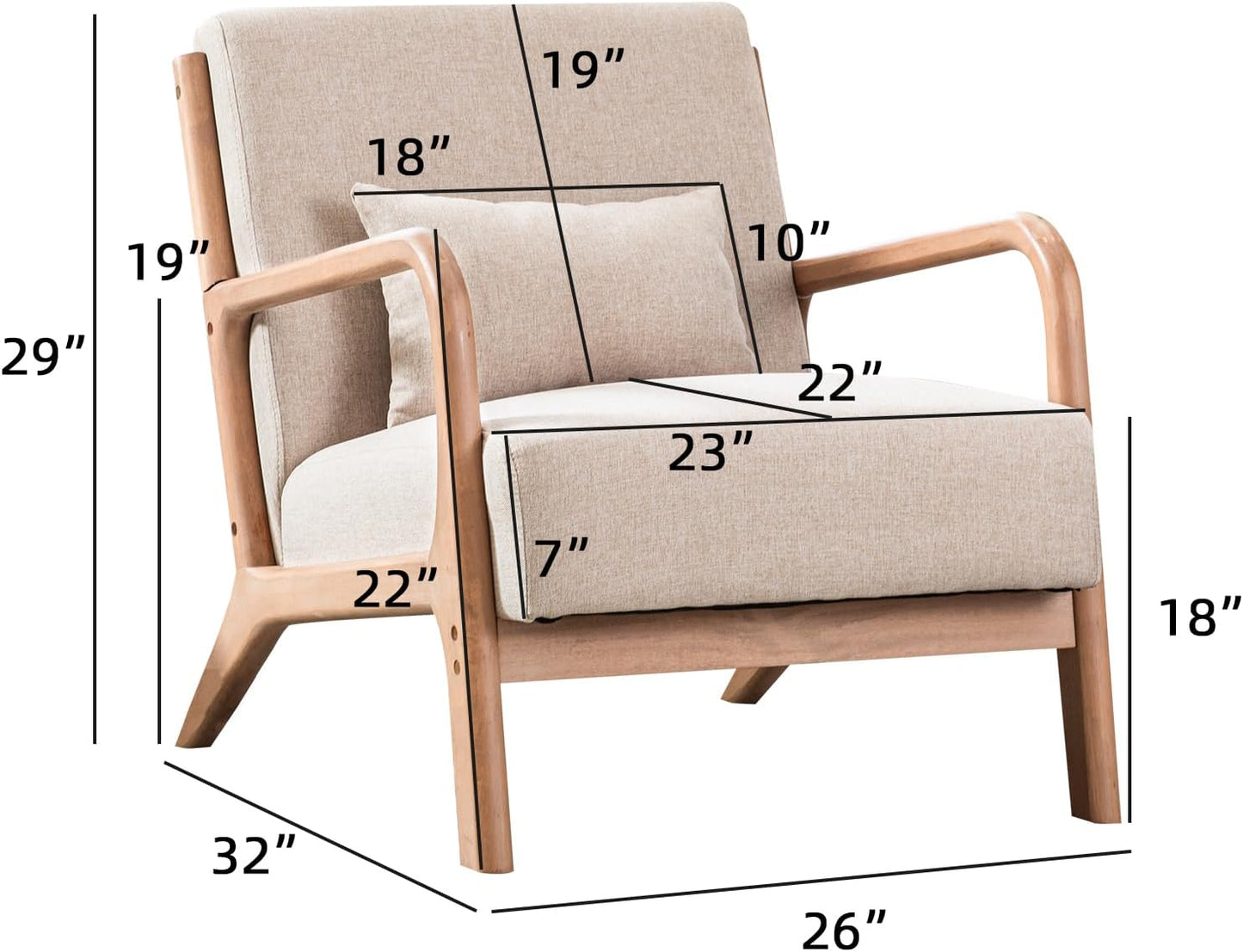 INZOY Mid Century Modern Accent Chair with Wood Frame, Upholstered Living Room Chairs with Waist Cushion, Reading Armchair for Bedroom Sunroom (Beige)