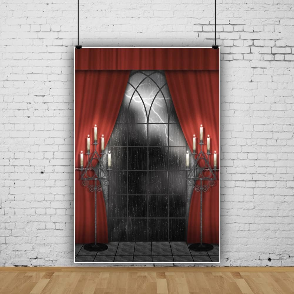 Renaiss 8x10ft Vintage Gothic Window Backdrop Red Curtain Candlestick Black Floor Lightning Stormy Sky Vampire Medieval Castle Photography Background Halloween Dress Up Party Decors Photo Booth Props
