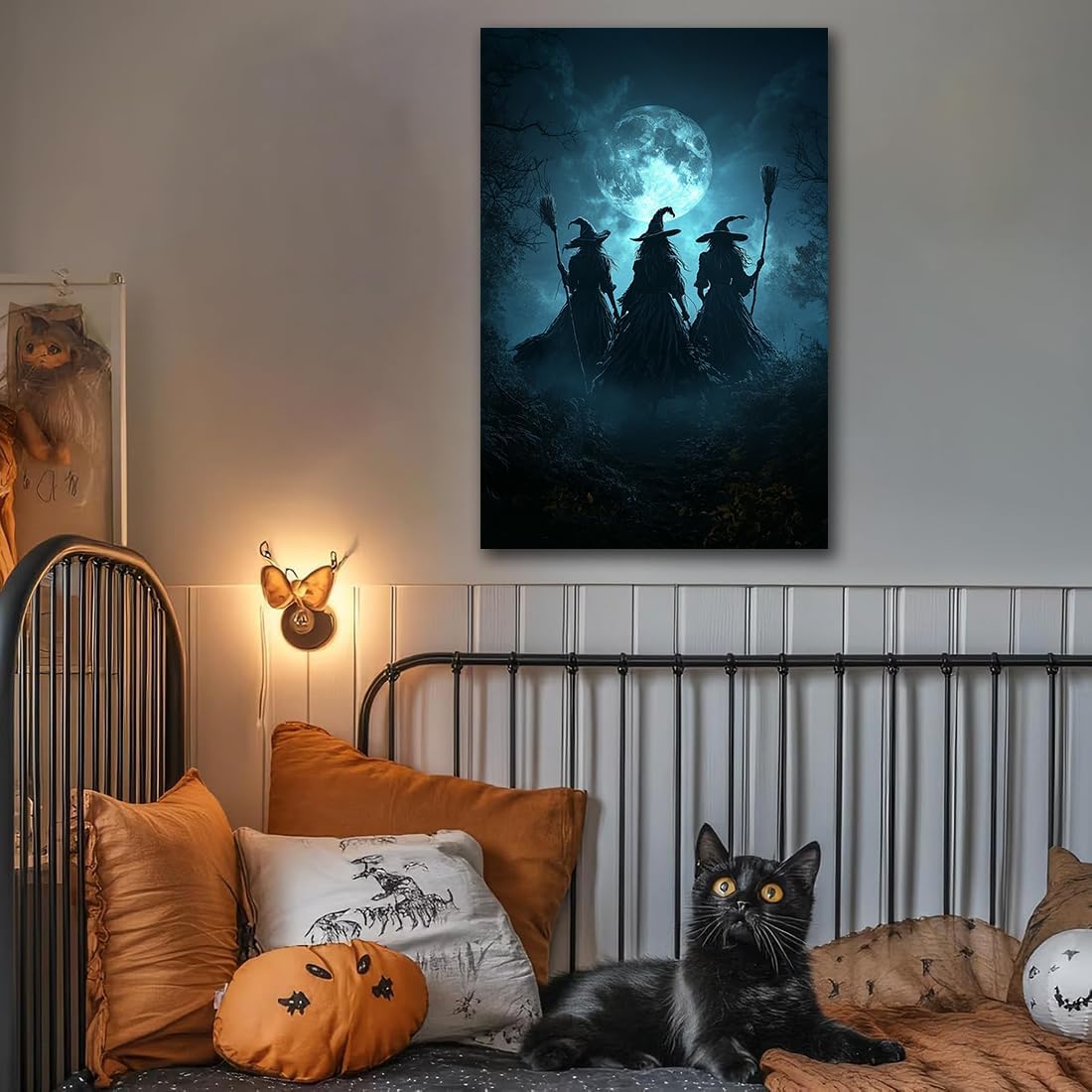 Moonlight Witches Halloween Canvas Art Picture,Three Witches on Broom in Forest Painting Print Gothic Decor,Halloween Witch Poster Witchy Room Aesthetic Bedroom Home Decorations,24"x36" Unframed