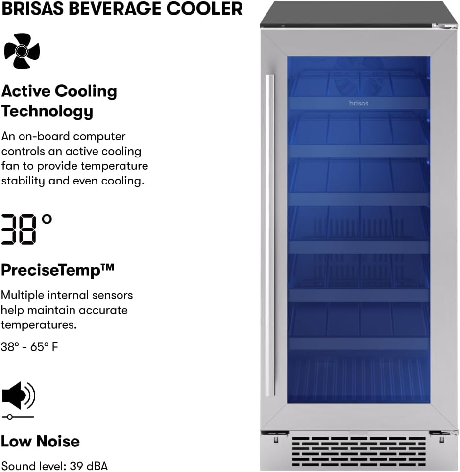 Zephyr Brisas 15 Inch Slim Beverage Fridge Single Zone Under Counter - Narrow Mini Wine & Drink Cooler Small Cabinet Wine Refrigerator Home Bar Freestanding with Glass Door - 4 Bottles, 64 Cans