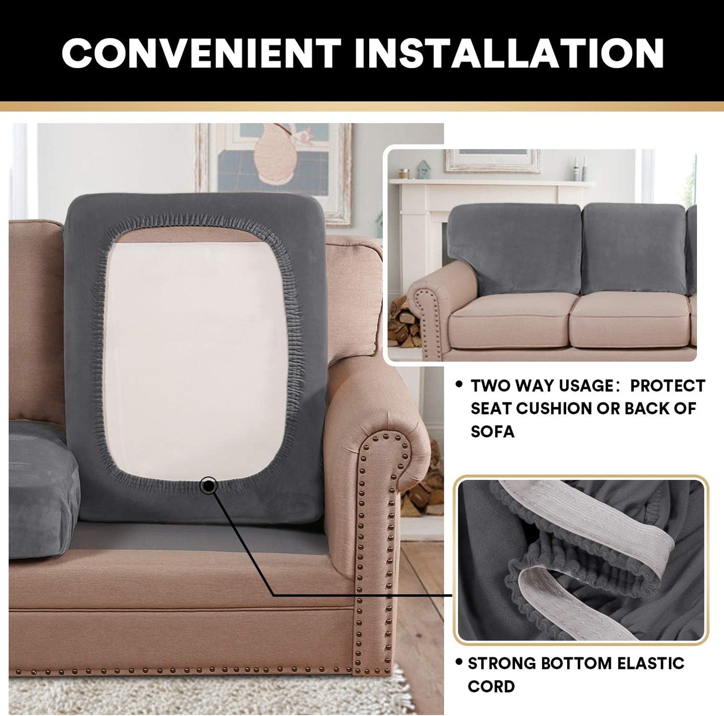 PrinceDeco Velvet Stretch Couch Cushion Cover, Sofa Slip Covers for Cushion Couch Chair Loveseat Sofa Furniture Protector Cushion Sofa Cover Each Width Up to 29.5", Grey