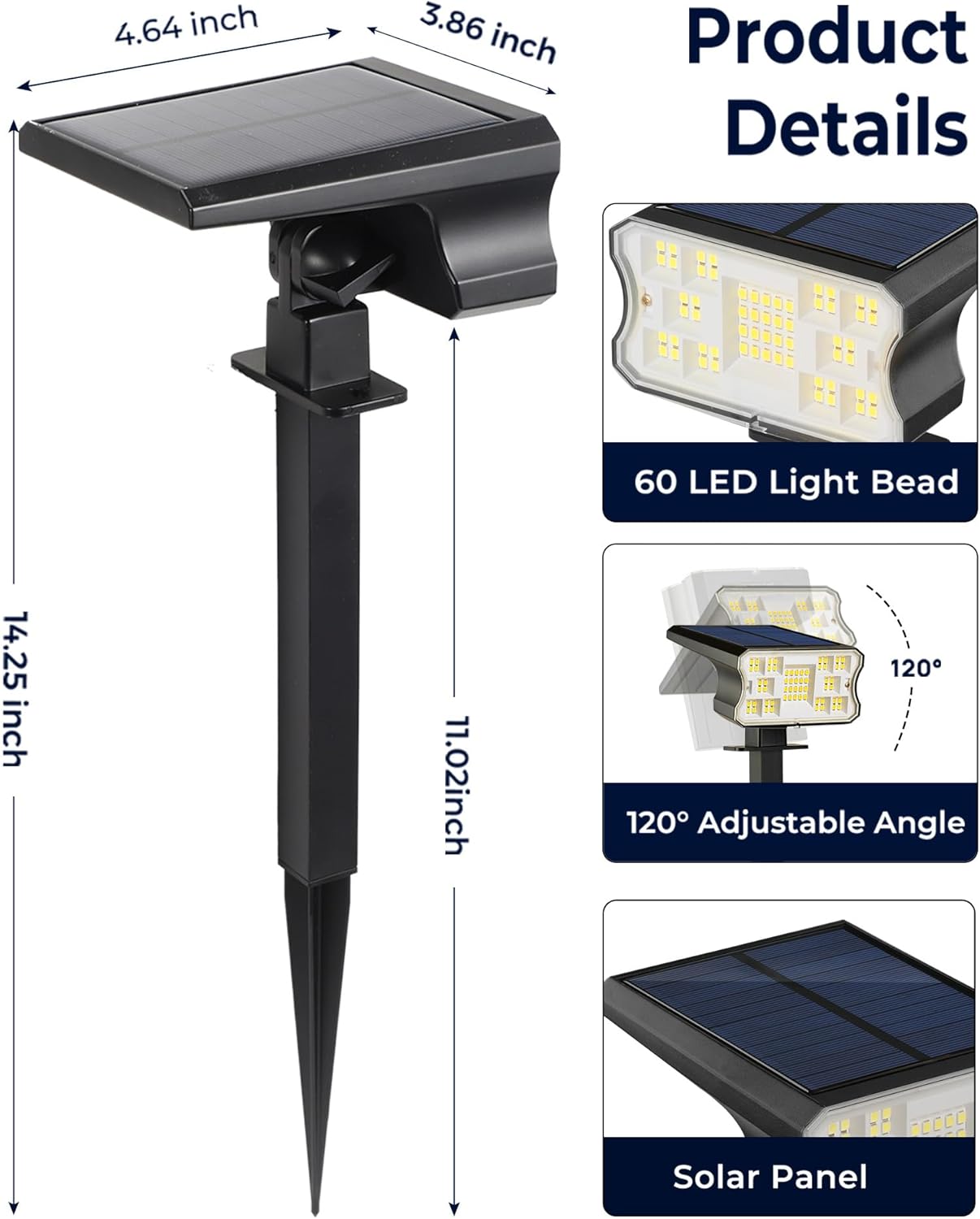 HGGH Solar Lights Outdoor Waterproof IP67, 60 LED 3 Lighting Modes Solar Spot Lights Outdoor for Yard Garden Pathway Landscape, Auto On/Off, Function 2 in 1(Cool White, 4 Pack)