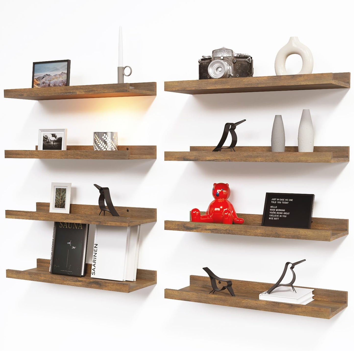 RICHER HOUSE 8 Set Floating Wall Mounted Shelves, Nursery Hanging Book Shelves with Lip for Storage, Display Picture Ledge Shelf for Bedroom Bathroom Kitchen Living Room Wall Decor, Rustic Brown