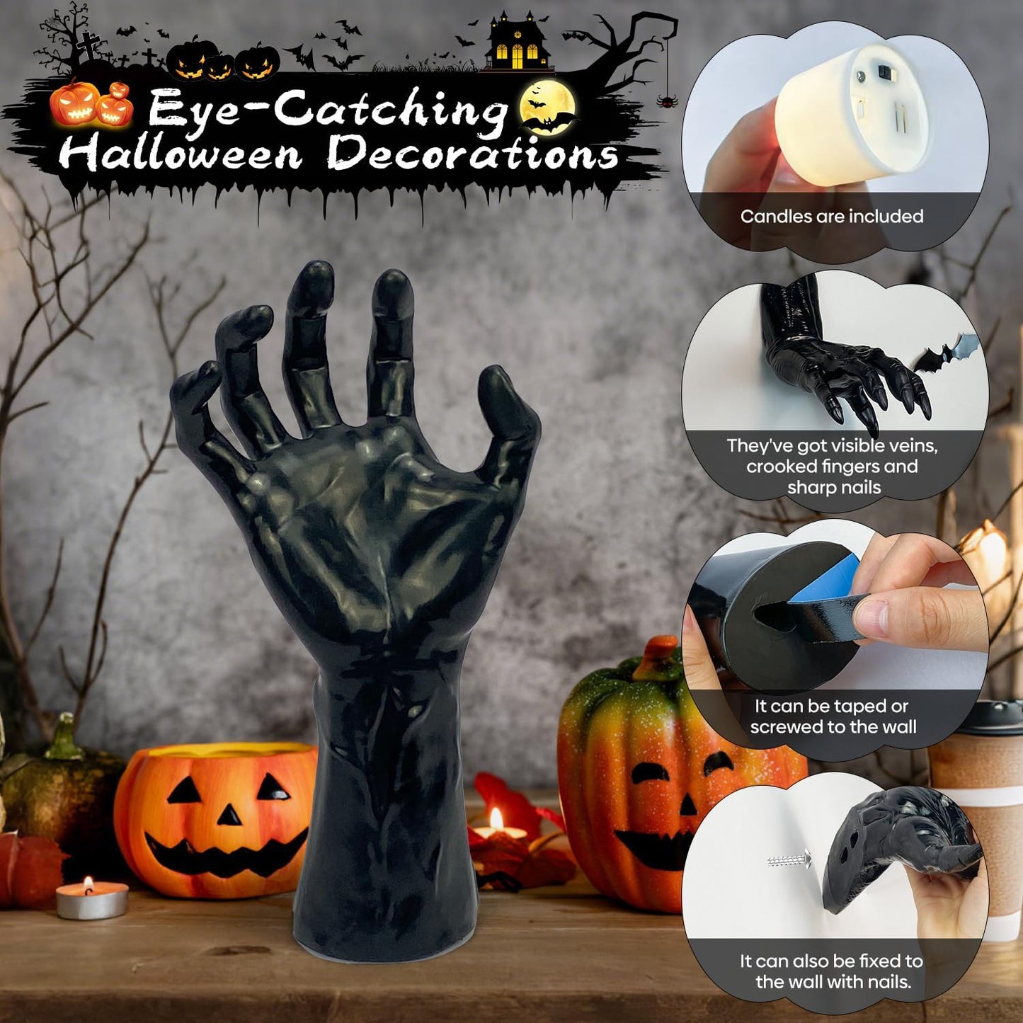 Halloween Decor Indoor, 4 Packs Creepy Reaching Hands with LED Candles, Life-Sized Gothic Wall Decor for Horror Decor, Spooky Halloween Decorations for Home, Party, Goth & Dark Academia Style