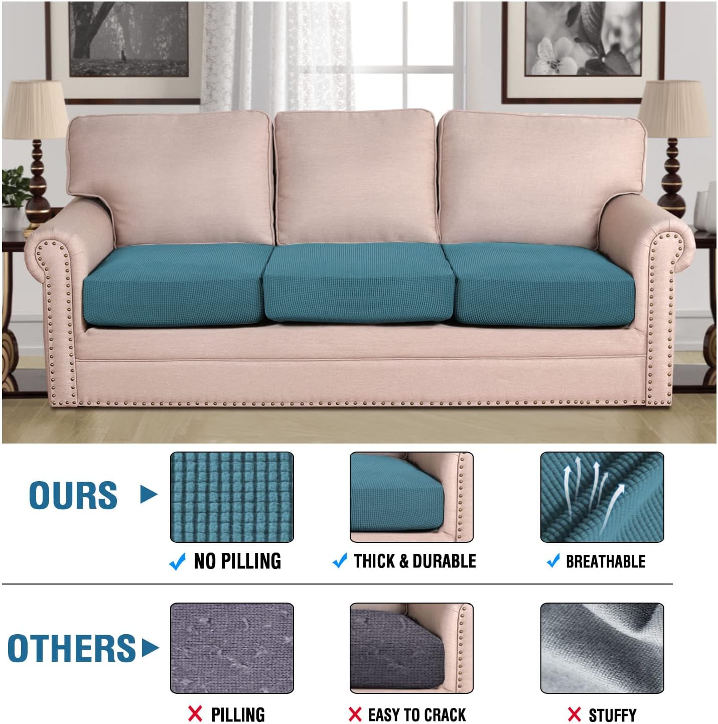 H.VERSAILTEX Super Stretch Individual Seat Cushion Covers - Sofa & Couch Cushion Slipcover Sets - Thick Jacquard Textured Twill Fabric (3 Piece XL Sofa Cushion Covers, Storm Blue)