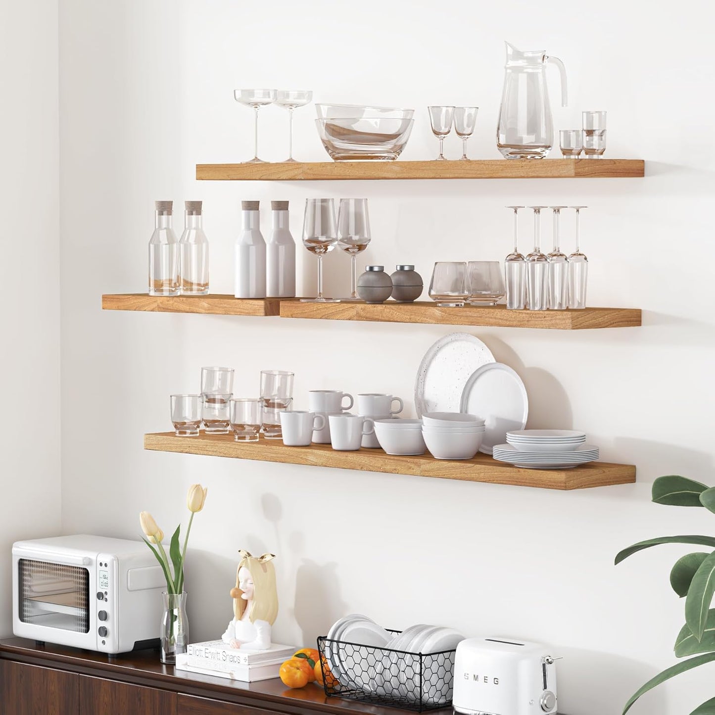 Fun Memories Floating Shelves for Wall, 55"x9.3" Rustic Solid Elm Wood Shelves, Heavy-Duty Wall Mounted Shelves with Invisible Brackets for Living Room, Bedroom, Kitchen, Natural Finish