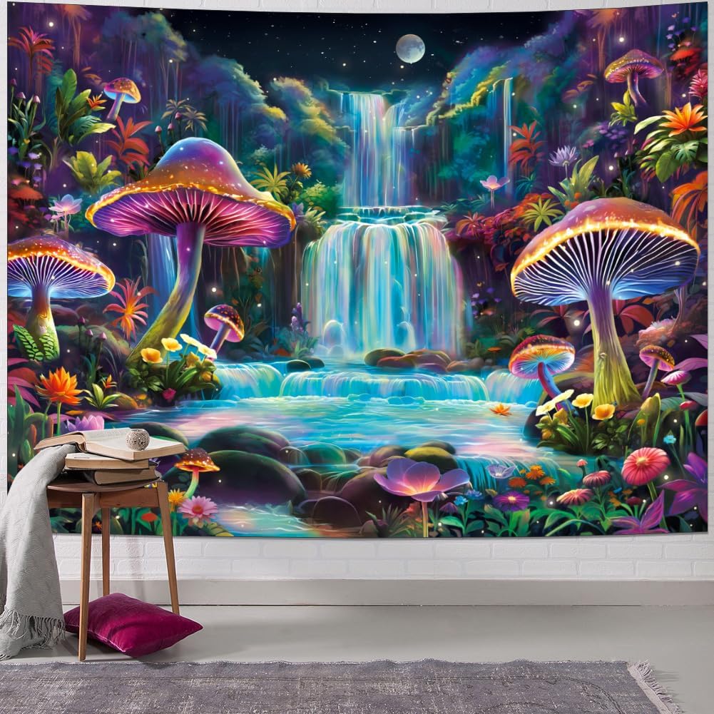 Dermijer Blacklight Tapestry Fantasy Mushroom Forest Tapestry UV Reactive Waterfall Tapestries Moon Night Neon Flower Landscape Tapestries Wall Hanging for Home Decor L59.1×W51.2