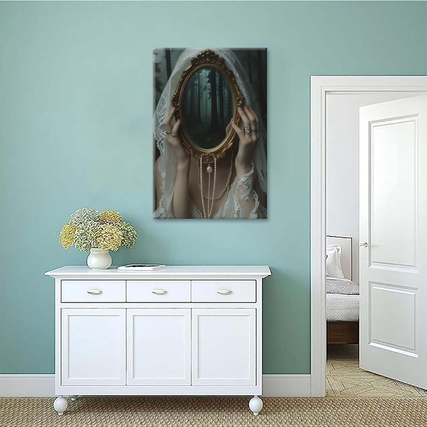 Mirror face covering dark art poster print melancholy gothic painting vintage feminine print victorian style decoration antique art28x40in Wood Framed