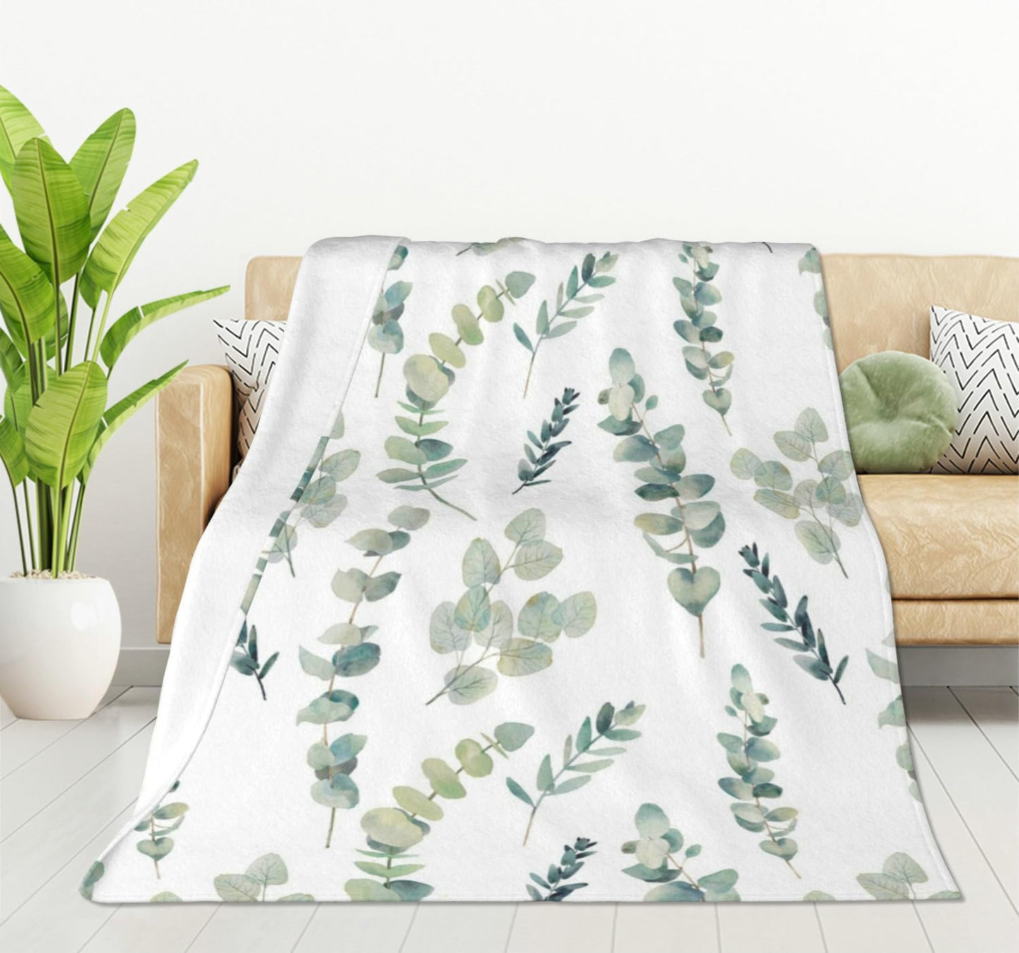 HGOD DESIGNS Watercolor Eucalyptus Flannel Fleece Bed Blanket Throw Blanket Lightweight Cozy Plush Blanket for Bedroom Living Rooms Sofa Couch 50"x60"