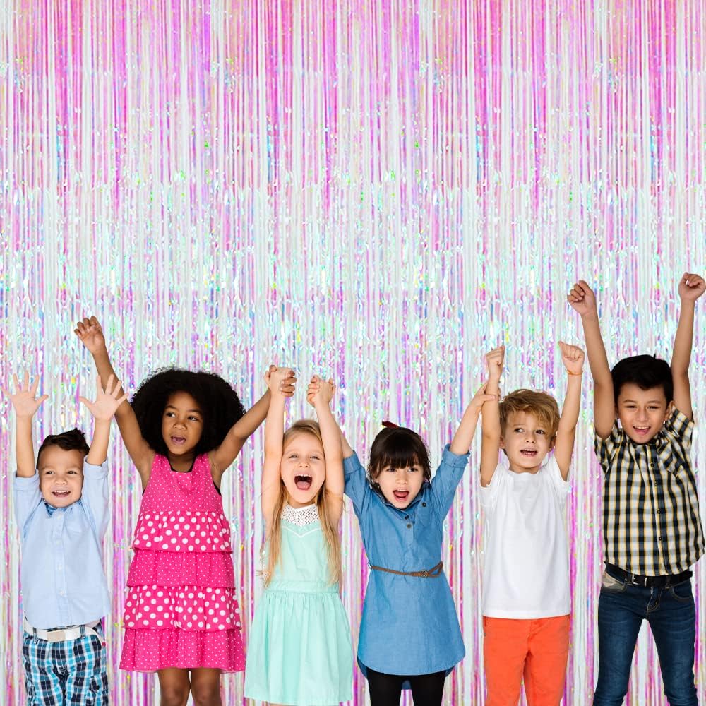 GOER 3.2 ft x 9.8 ft Metallic Tinsel Foil Fringe Curtains Party Photo Backdrop Party Streamers for Birthday,Graduation,New Year Eve Decorations Wedding Decor (Iridescent,5 pcs)