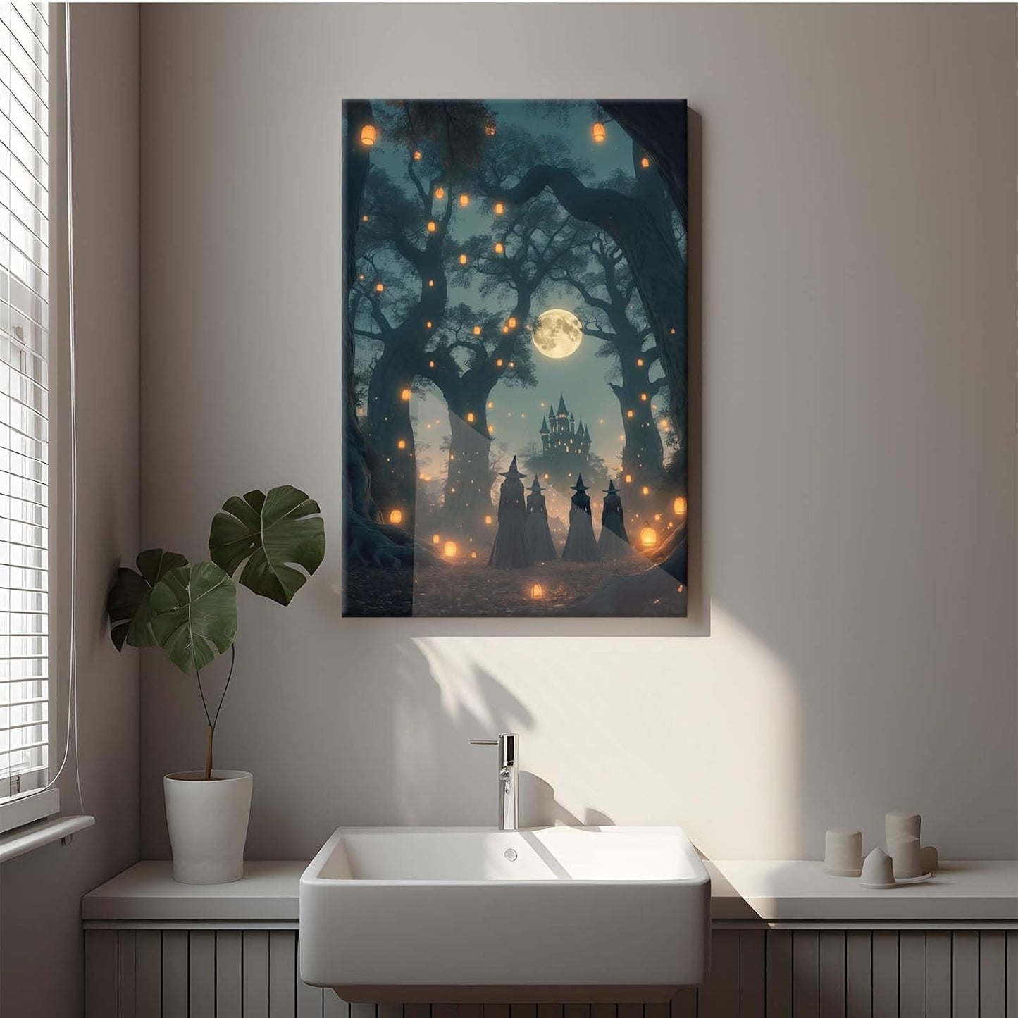 Mysterious creek painting witch and castle in magic forest art print canvas gothic print dark college decoration poster for home bedroom20x30in Wood Framed