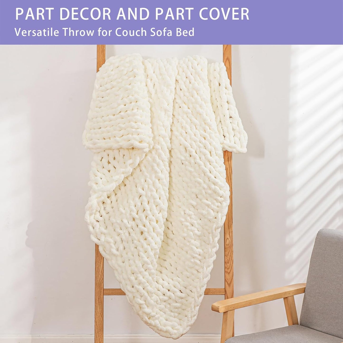 Bigacogo Chunky Knit Throw Blanket for Couch, 60x80 inches, 100% Hand Knitted with Thick Jumbo Chenille Yarn, Cozy Soft Large Rope Knot Cable Crochet Blankets for Sofa Bed Living Room, Ivory