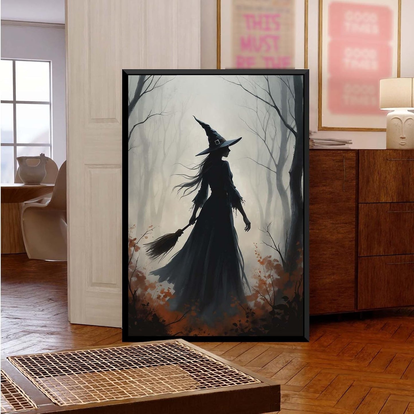 JFHCQJPK Vintage forest witch silhouette poster Halloween mural poster decoration mural art magic suitable for home living room bedroom12x16in Metal blackFramed
