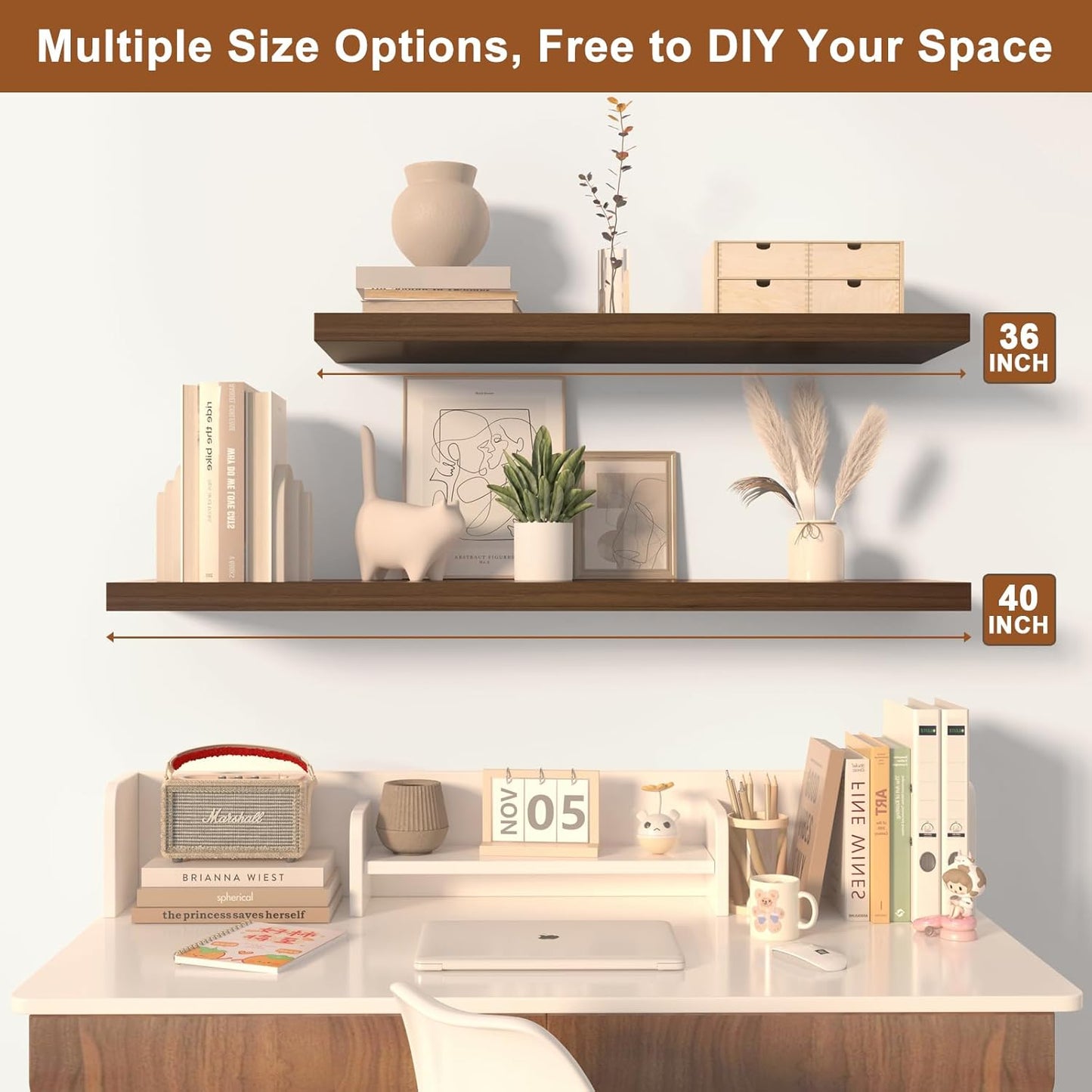 48 Inch Floating Shelf 2 Pack Large Floating Shelves for Wall No Drilling Accessories Included Deep Wall Shelves for Living Room Kitchen Farmhouse 48" W x 12" D x 1.2" Walnut
