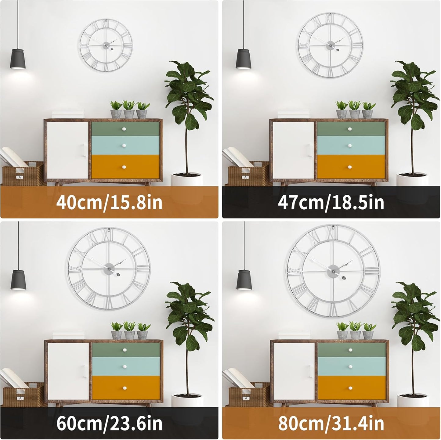 Large Wall Clock - 80cm/ 32 Inches, Silver, Non-Ticking, Battery Operated, Vintage Modern Wall Clock for Living Room, Bedroom, Office, Farmhouse Decor