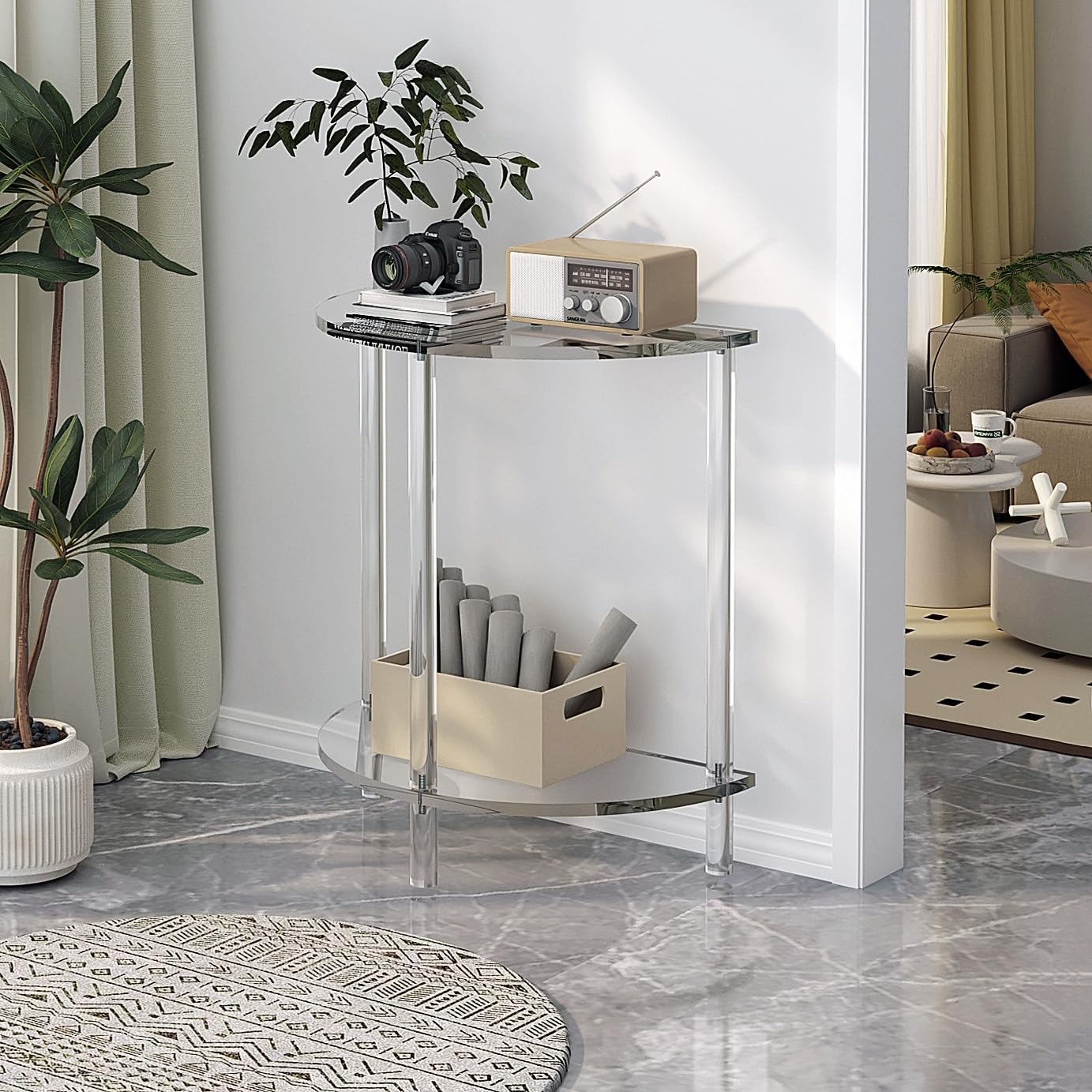 Acrylic Console Table 11.8" D x 23.6" W x 31.2" H, Half Round Console Table for Entryway, Sofa, Foyer, Hallway, Living Room, Modern, 2-Tier, Clear (Half-Moon Style