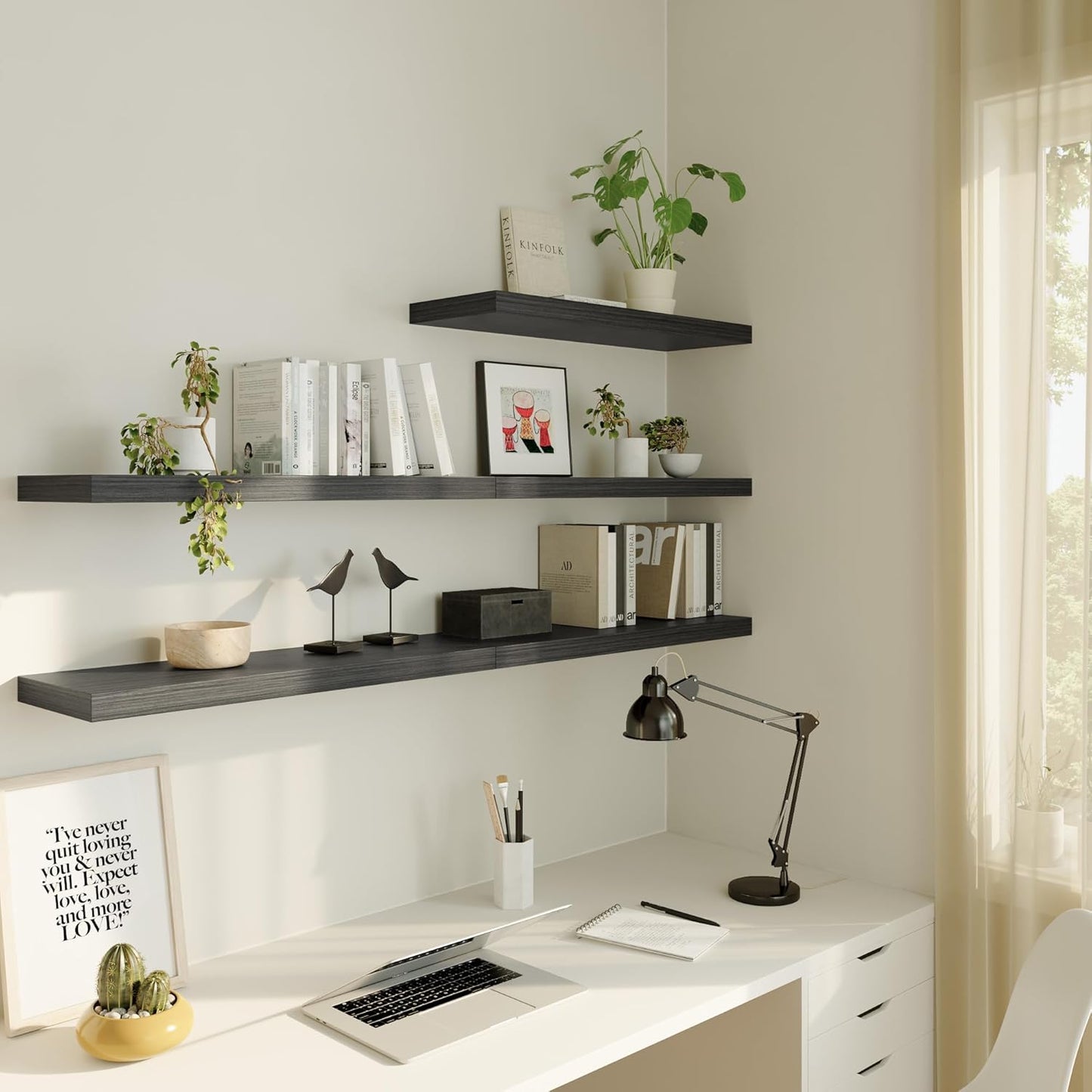 Large Floating Shelves for Wall Set of 2 Wooden Wall Shelves 36 in x 12.75 in x 2 in Room Decor Long Shelf with Invisible Wall Mount Bracket for Bedroom Kitchen Living Room Black Wood