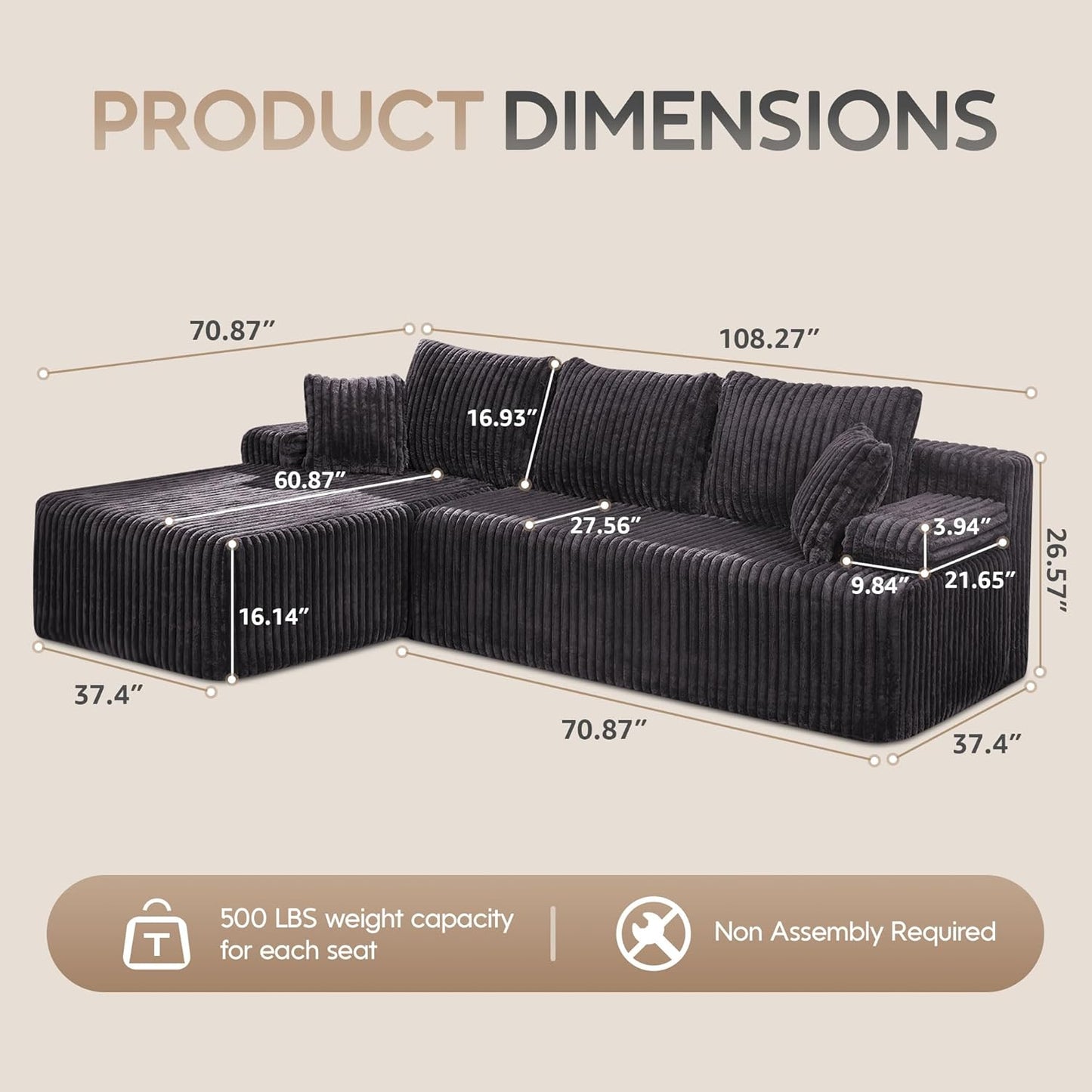 Hobestluk Modular Sectional Sofa Couches 108" L-Shape Couch 3 Seat Modular Sofa Memory Foam Sectional Couches for Living Room, Boneless Couch with Oversized Chaise (Grey, Left Facing)