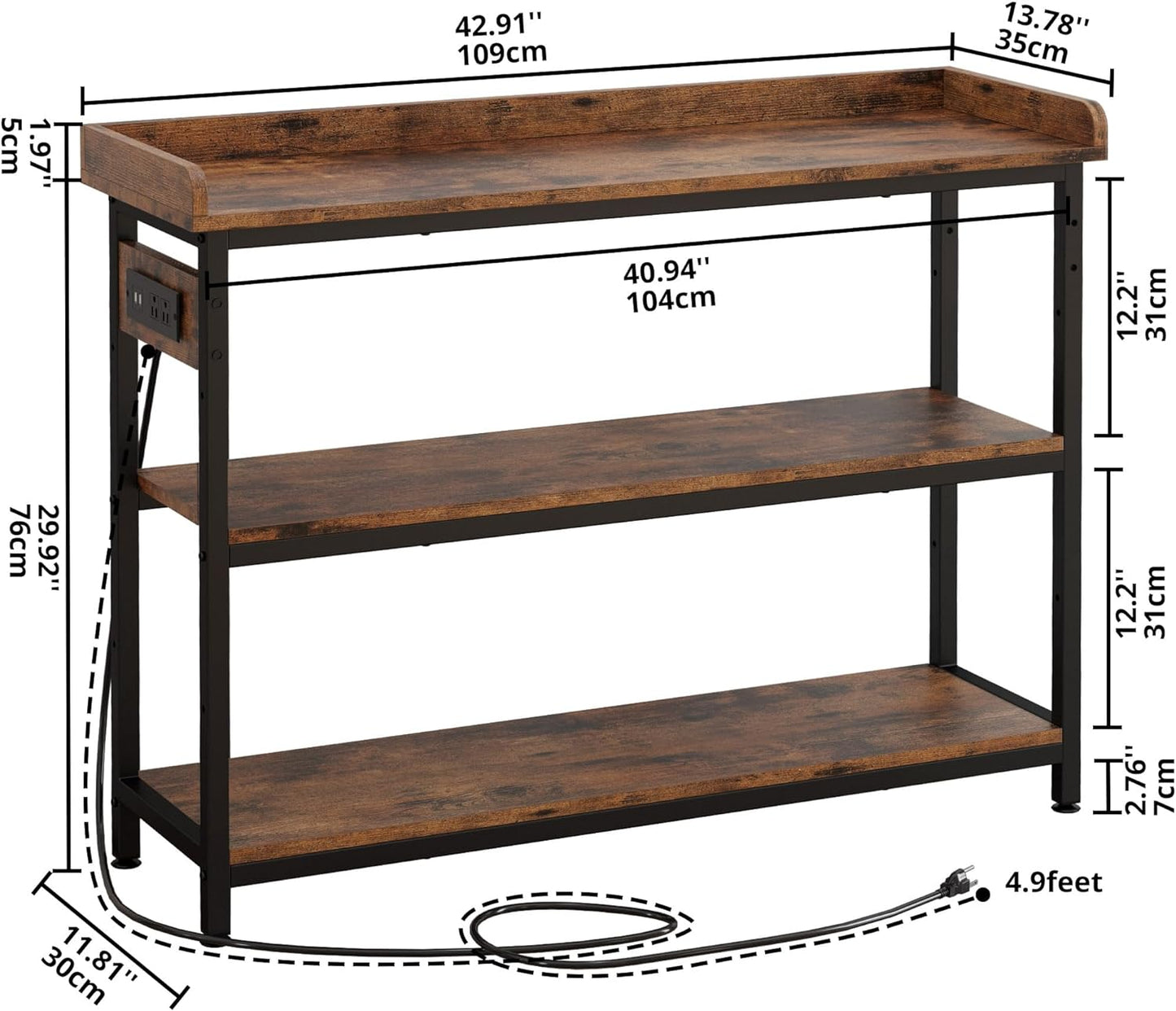 IRONCK Console Table, Sofa Table with Power Outlet, Farmhouse Hallway Table for Entryway, Living Room, Height Adjustable, Easy Assembly, Rustic Brown, 43"