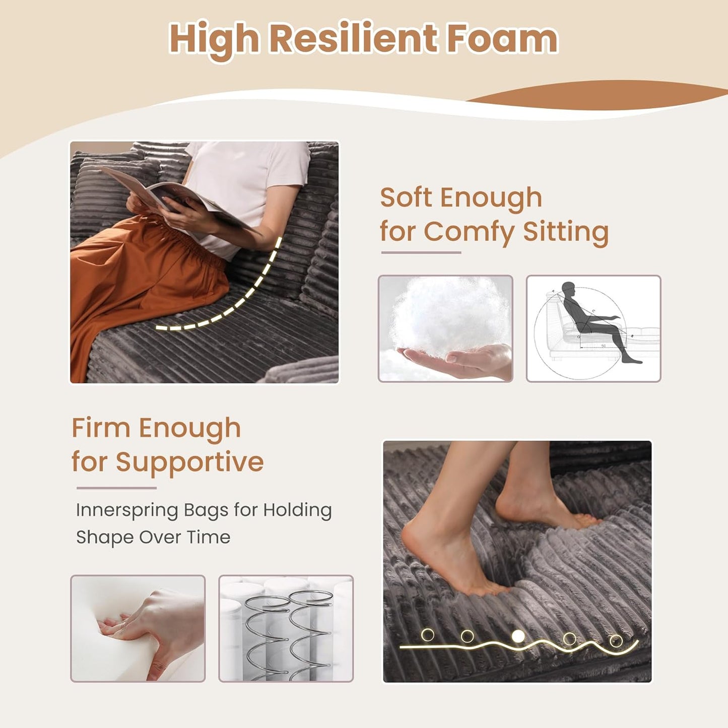 HOOOWOOO Cloud Sectional Couches for Living Room,Modular Sectional Sofa No Assembly,110X79 Inch Plush Corduroy Large U Shaped Floor Couch Set with Deep Seat Chaise(Gray)