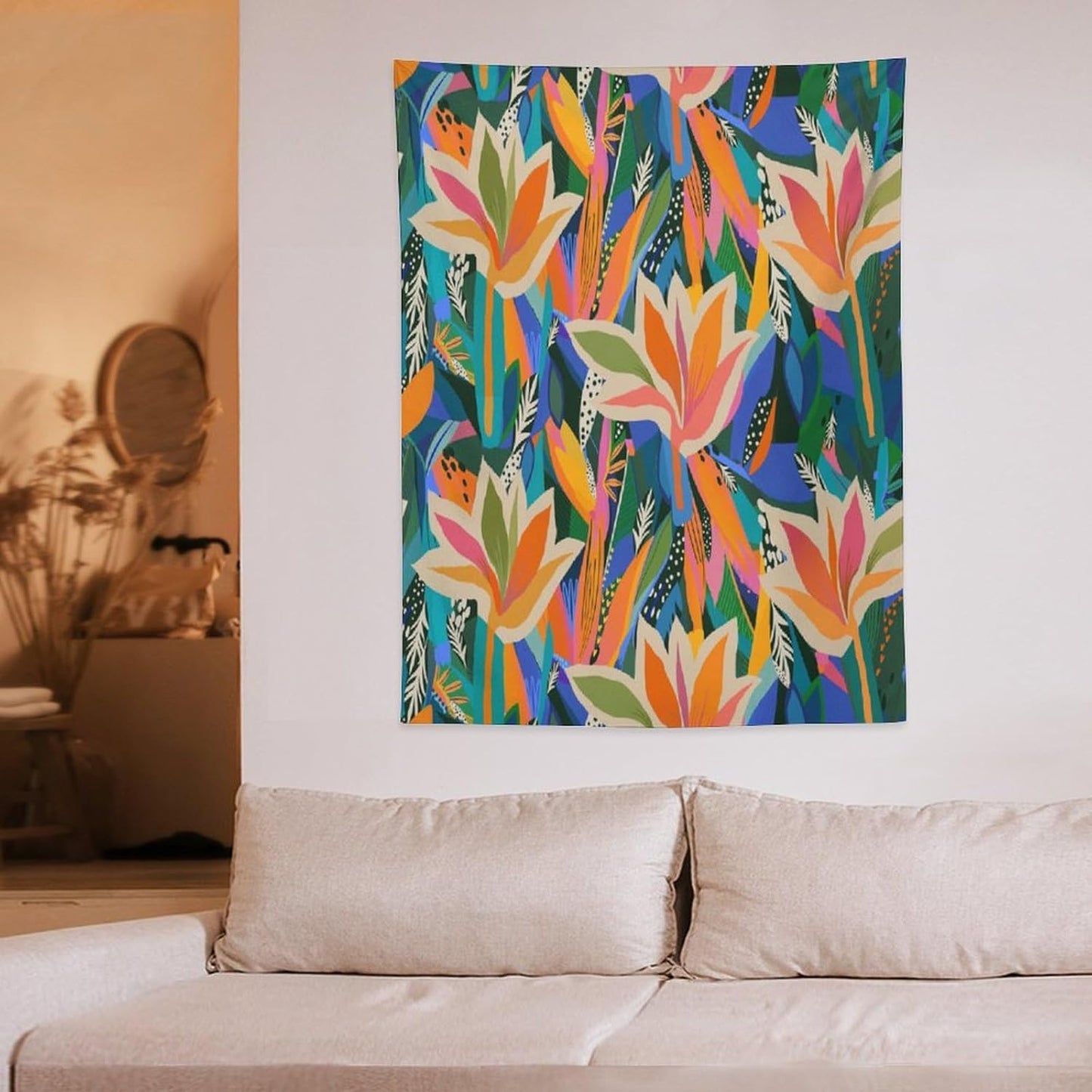 ICMOLYYENLO Boho Green Leaves Tapestry, Mid Century Abstract Tropical Palm Leaves Modern Minimalist Geometric Wall Hanging, Neutral Home Decor Art for Living Room Bedroom Dorm 60x60 Inch