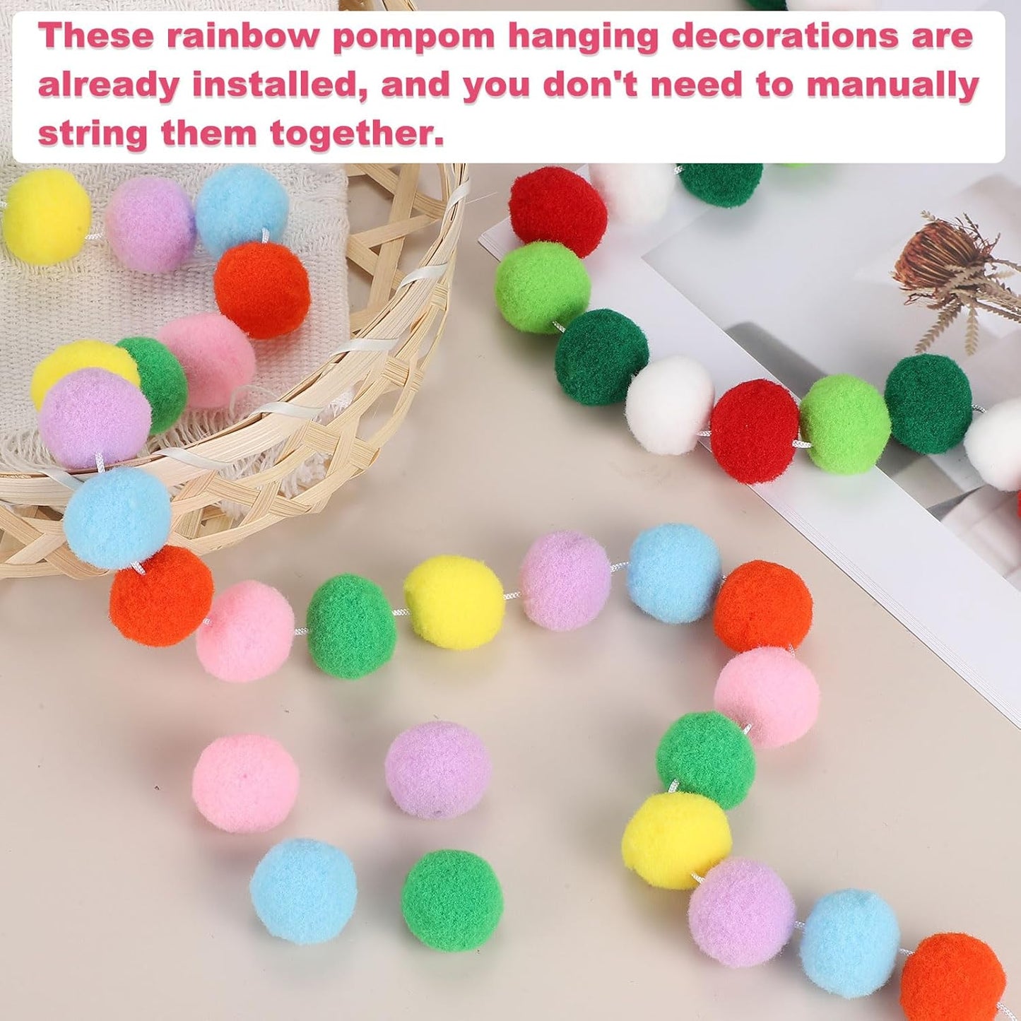 PATIKIL 26Ft Pom Pom Garland Decorations, 4Pcs Colorful Felt Ball Garland Banner Cute Rainbow Pompom Hanging Decorations for Tree Ornaments Homes Decor, Multicolor