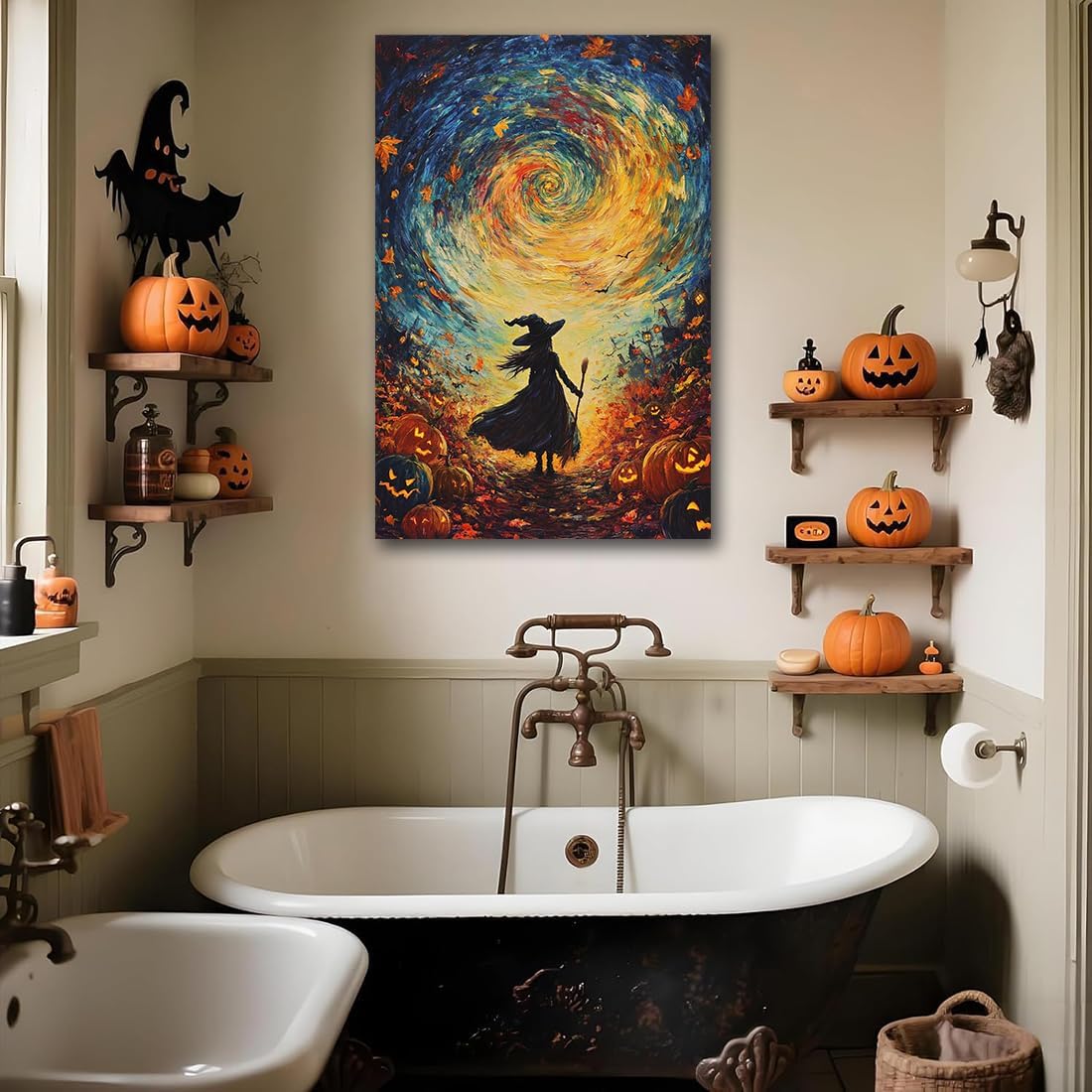 Halloween Autumn Witchy Decor Wall Art Prints,Gothic Witch in Whirlwind Autumn with Pumpkins Scene Pictures Poster,Fall Festival Home Decor Painting Canvas Poster for Bedroom Bathroom,16"x24" Framed