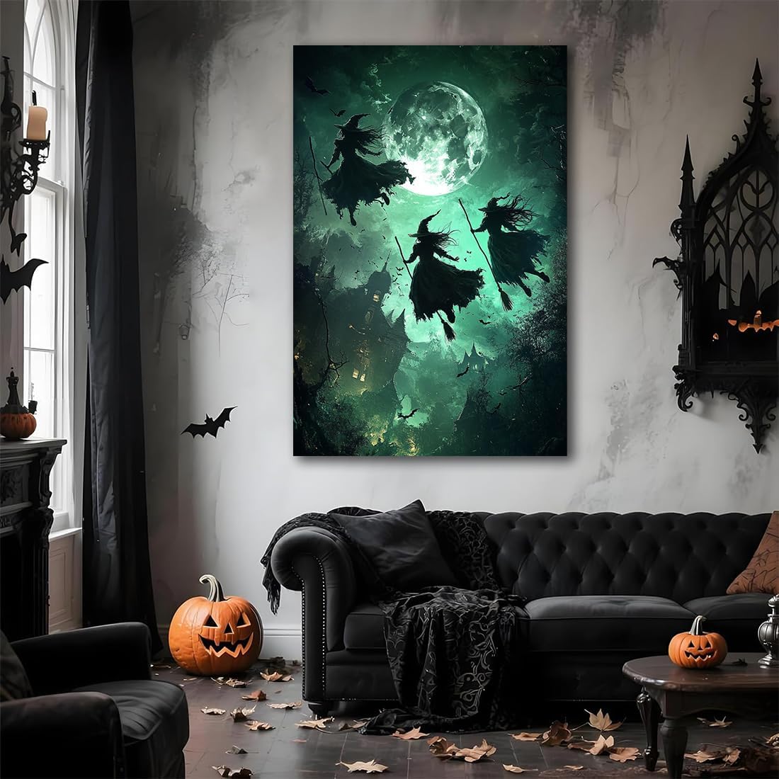 Flying Three Witches Halloween Canvas Wall Painting,Witches on Broom Under Full Moon Castle Victorian Decoration Haunted House Retro Poster for Living Room Bedroom Gallery,20"x30" Framed