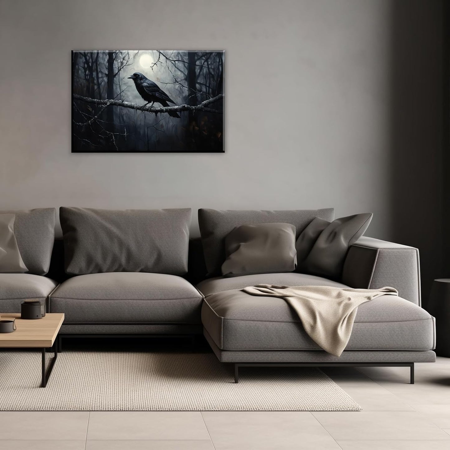 OAAPITI Crow Canvas Wall Art Black Crow Stand On The Branch Picture Print Moonlit Night Poster Vintage Forest Landscape Painting Artwork Living Room Halloween Decor(Artwork-1,28"x42")