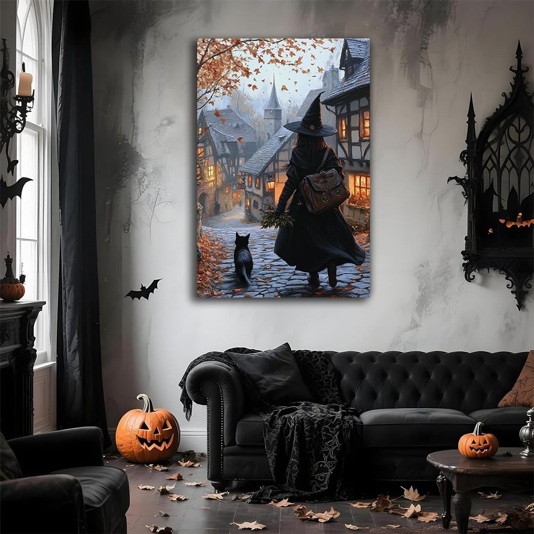 Autumn Witch And Black Cat Picture Wall Decor,Halloween Canvas Vintage Rustic Wall Art,Preppy Bedroom Living Room Bathroom Poster Print,8"x12" Framed
