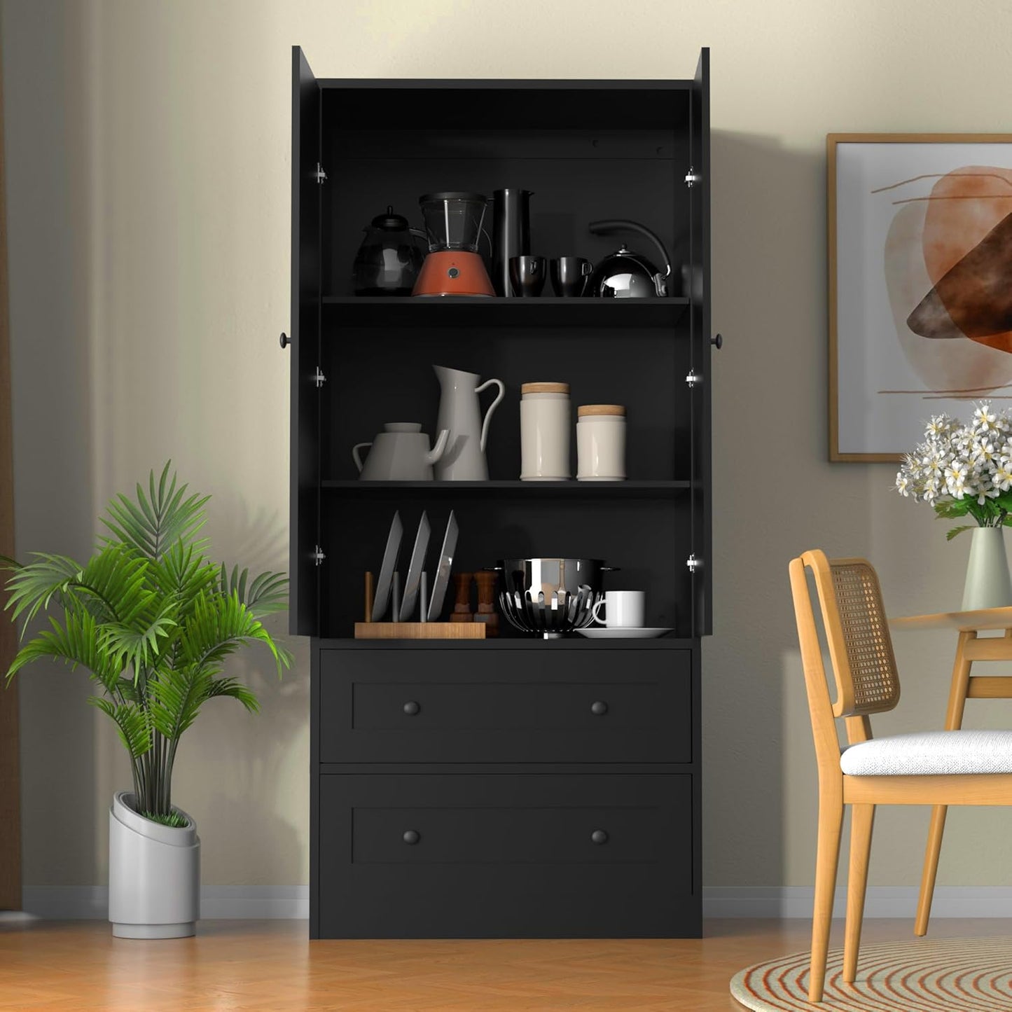 64.2" Tall Rattan Black Kitchen Pantry, Storage Cabinet with Doors and Drawers, Freestanding Wooden Organizer for Kitchen, Dining Room
