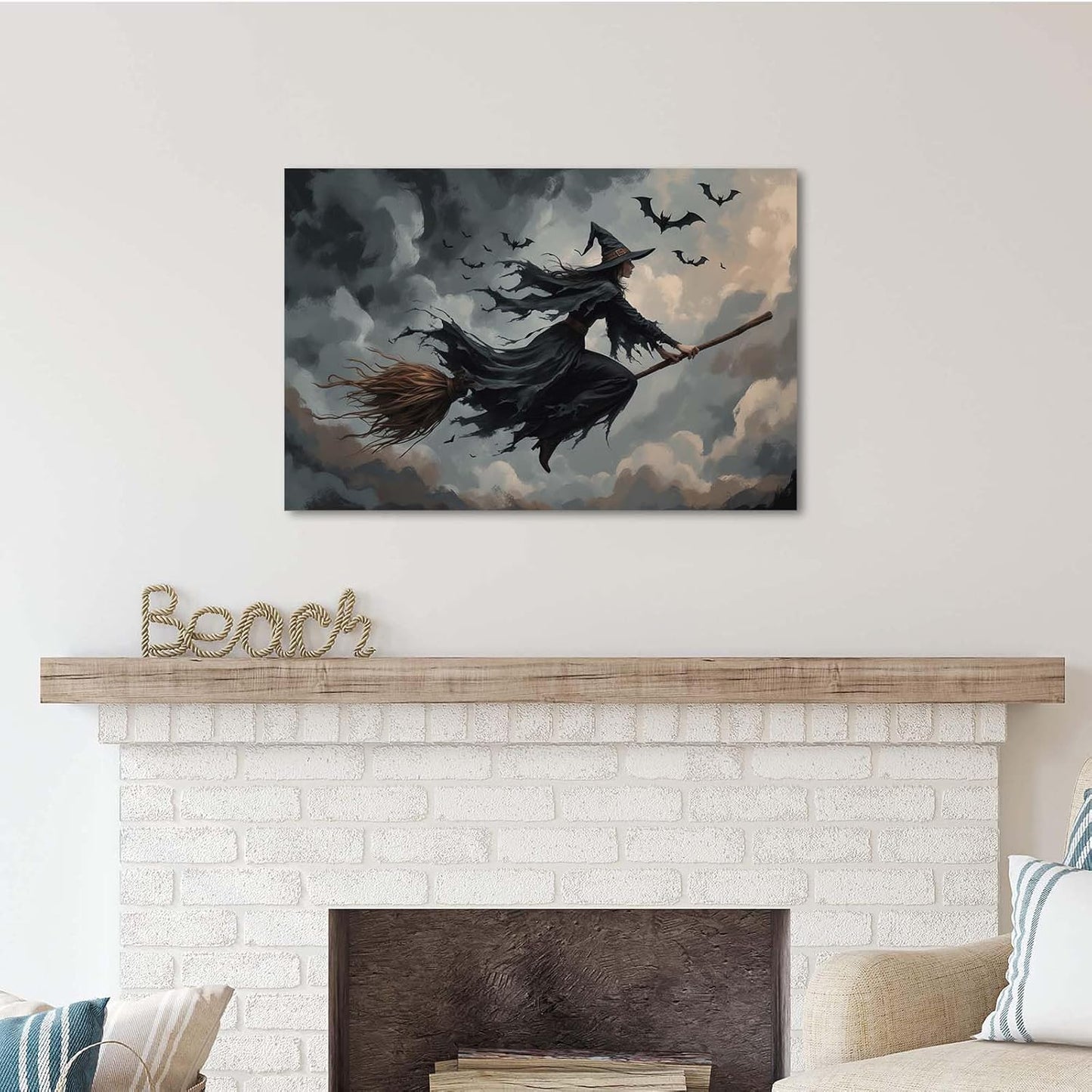 JFHCQJPK Witch and bat flying Halloween poster suitable for home party wall decoration retro Halloween preppy style wall art canvas print suitable for room decoration32x48in Frameless