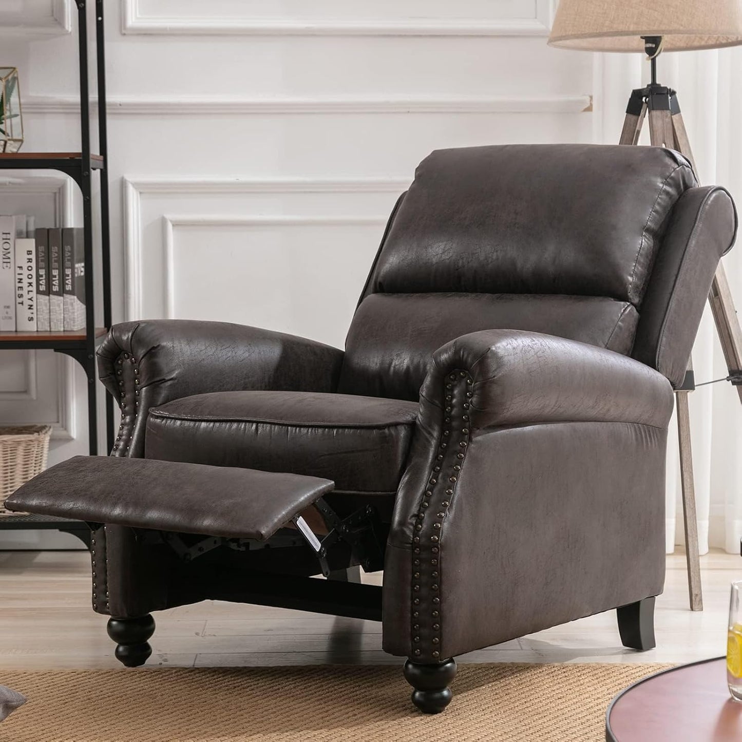 CANMOV Pushback Recliner Chair Set of 2, Faux Leather Armchair Push Back Recliner with Rivet Decoration Single Sofa Accent Chair for Living Room, Dark Grey