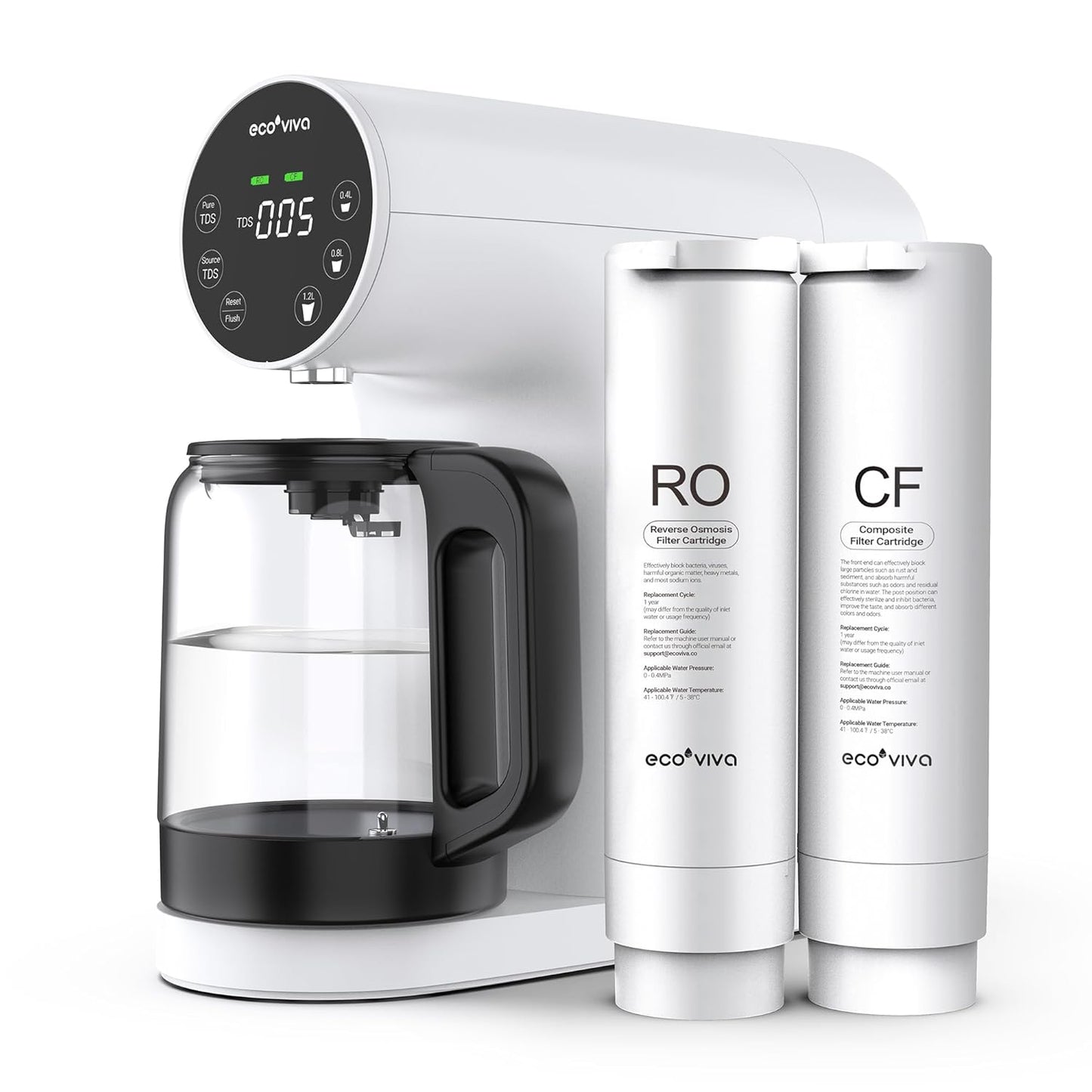Ecoviva Countertop Reverse Osmosis Water Filtration System, Portable RO Water Filter Purifier with 5 Stage Filtration, 3:1 Pure to Drain, TDS Monitor, Faster Delivery Flow, Plug and Use - White