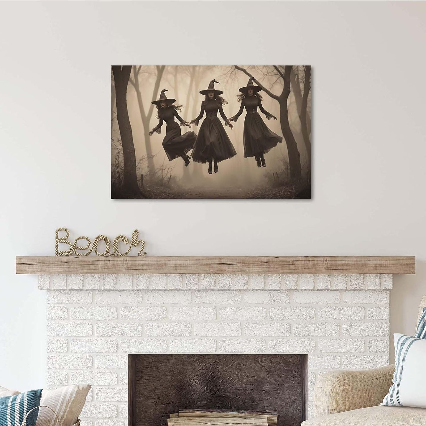Three ghost witches flying in vintage forest gothic wall art witchcraft decoration holiday gift canvas wall art print24x36in Wood Framed