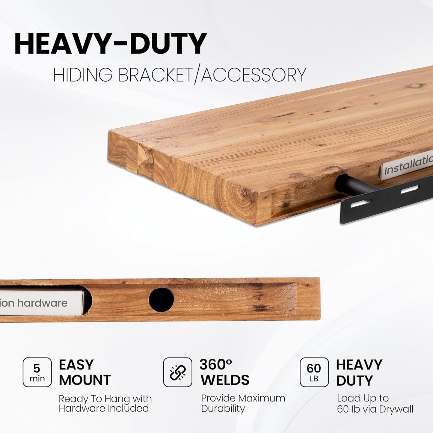 55 Inch Floating Shelves for Wall, Elm Wood Floating Shelves for Home Décor, Wall-Mounted Display Shelves with Heavy-Duty Bracket, Live Edge Long Floating Shelf for Kitchen, Living Room, Natural