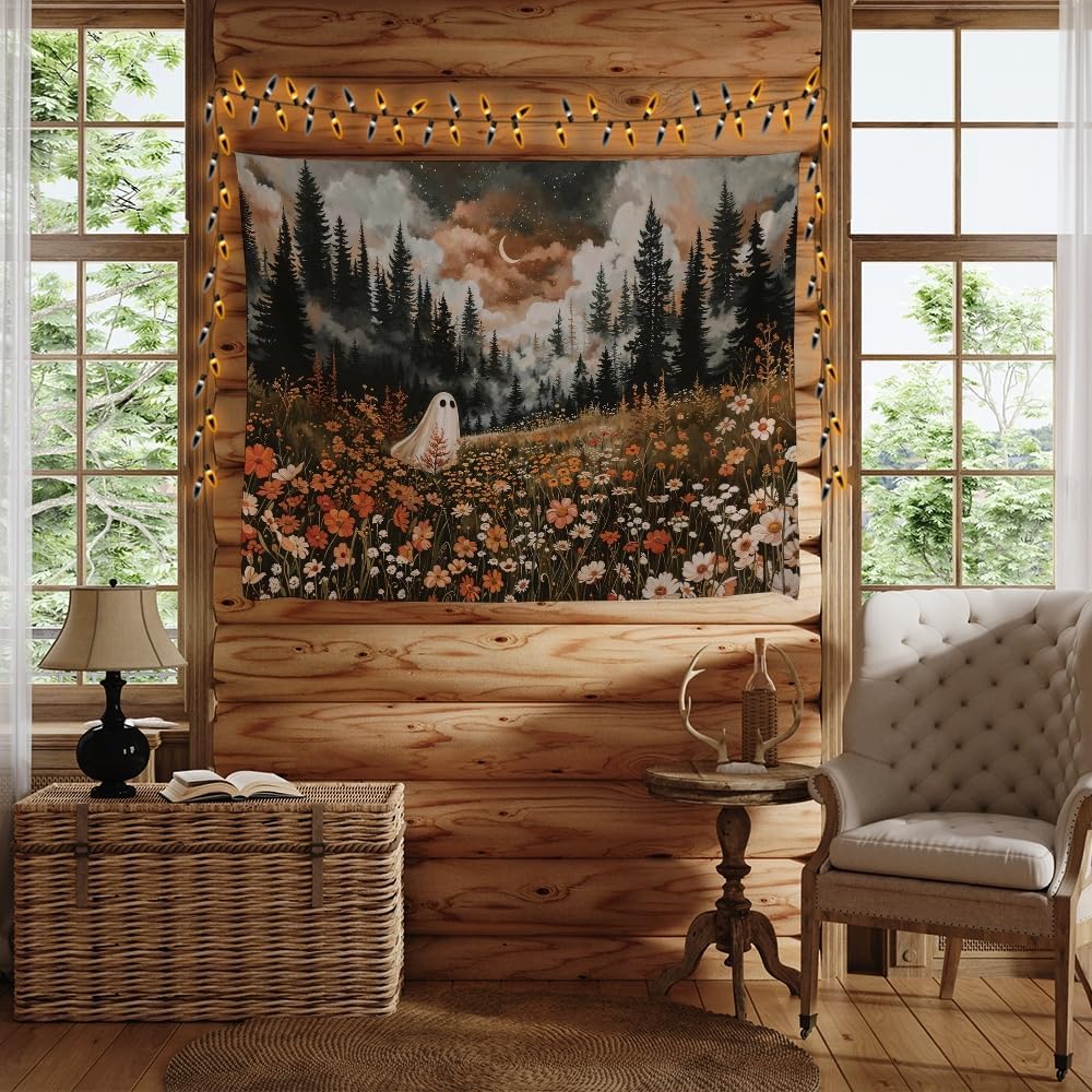 Spooky Fall Forest Art Halloween Tapestry Wall Hanging Cute and Funny Forest Flower Ghost Tapestry for Bedroom Whimsical Dark Academia Aesthetic Tapestries for Home Living Room Decor 60x80inch