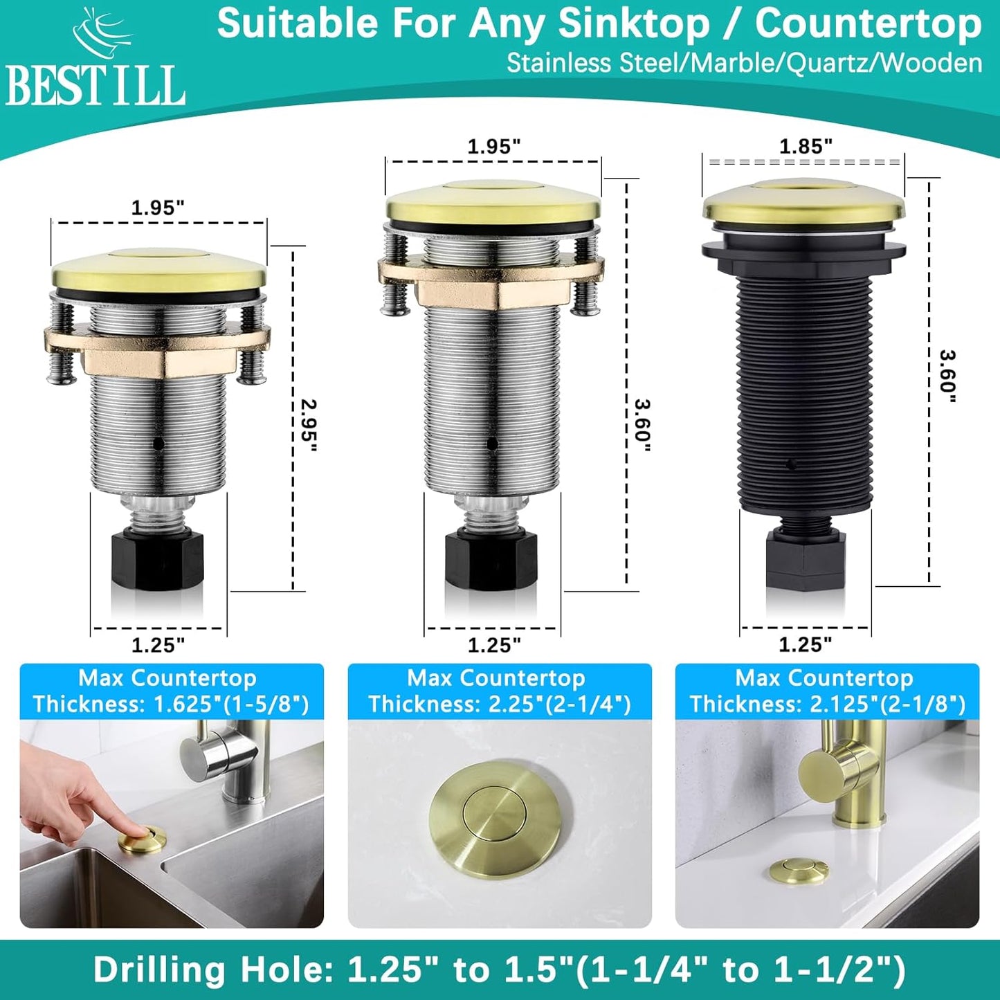 BESTILL Garbage Disposal Air Switch Kit - UL Listed, Brass 3.6" Long Push Button for Waste Disposer, Cordless Sink Top Switch Button, Brushed Gold, Compatible with all Garbage Disposals